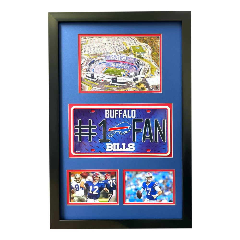 Buffalo Bills Fan License Plate Framed Collage - Josh Allen & Jim Kelly Memorabilia for Man Cave & Game Room Decor - NFL Football Gifts for Bills Fans