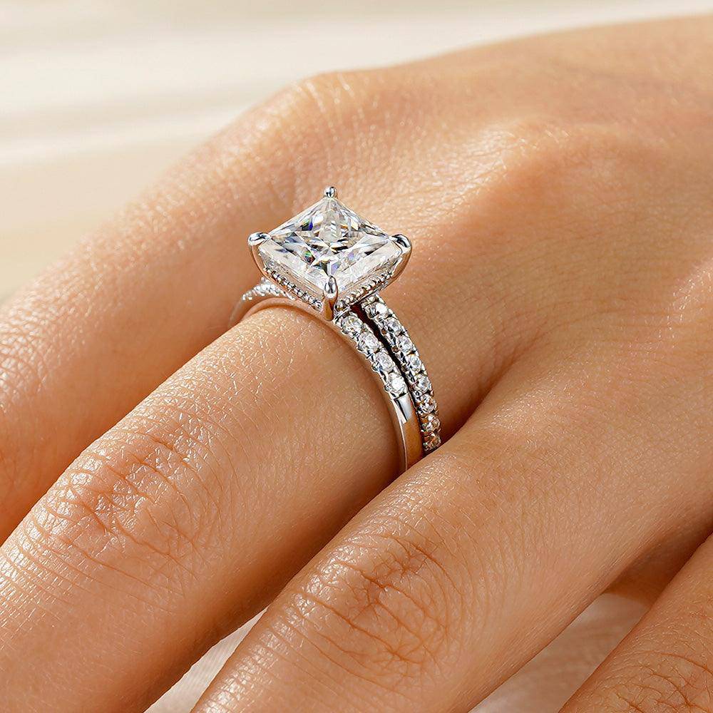 Princess Cut Hidden Halo Moissanite Engagement Ring Set with Matching Wedding Band - Perfect for Proposals, Anniversaries & Bridal Jewelry