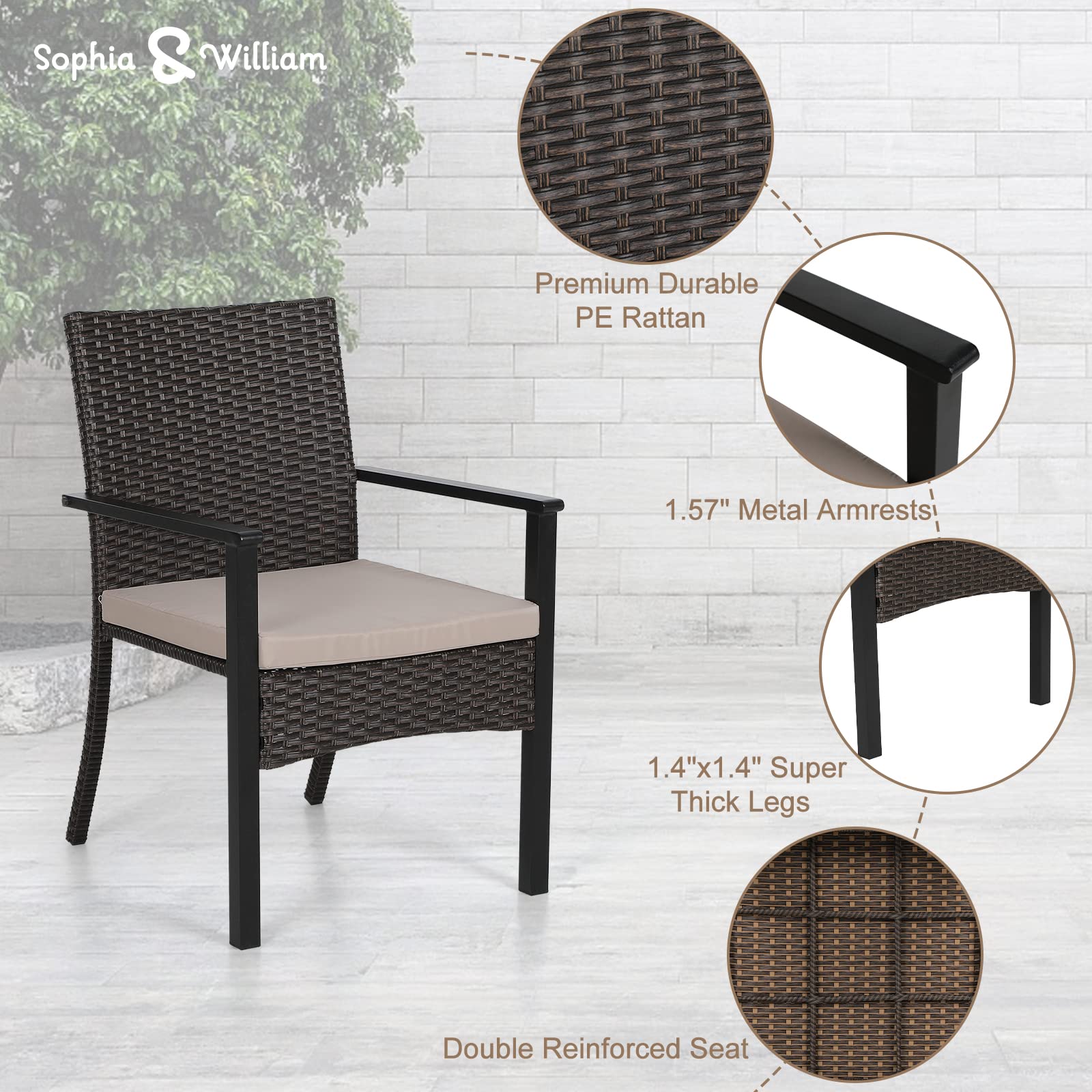 Sophia & William 6-Piece Outdoor Patio Dining Set - PE Rattan Chairs with Cushions, Acacia Wood Table & Bench - Modern Conversation Furniture for Porch, Balcony, Backyard - Perfect for Family Gatherings & Outdoor Entertaining