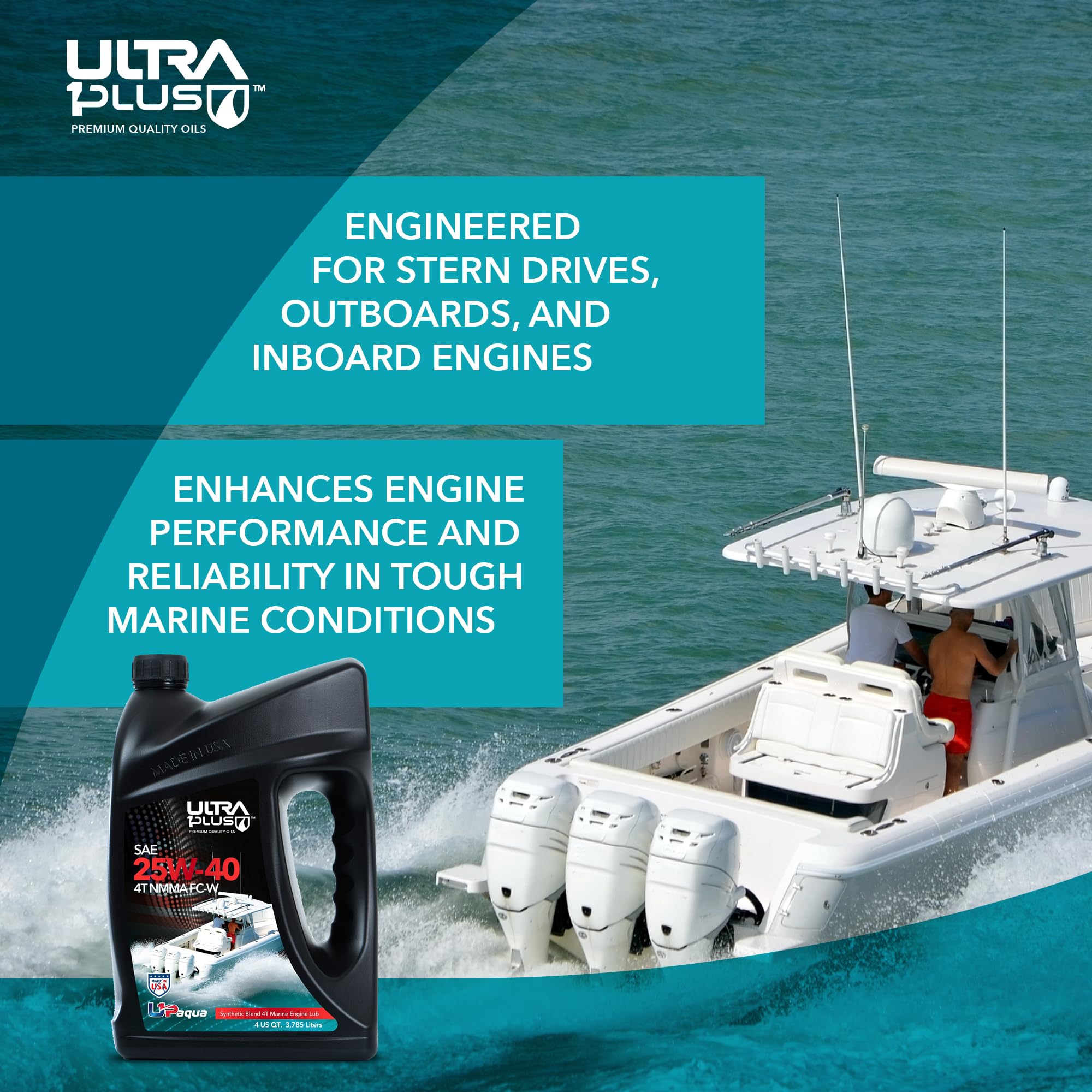 Premium U1P-Aqua SAE 25W-40 Synthetic Blend 4T Marine Engine Oil - NMMA FC-W Certified (4 Gallon) for Outboard Motors, Jet Skis & Marine Engines - Ideal for Saltwater & Freshwater Boating