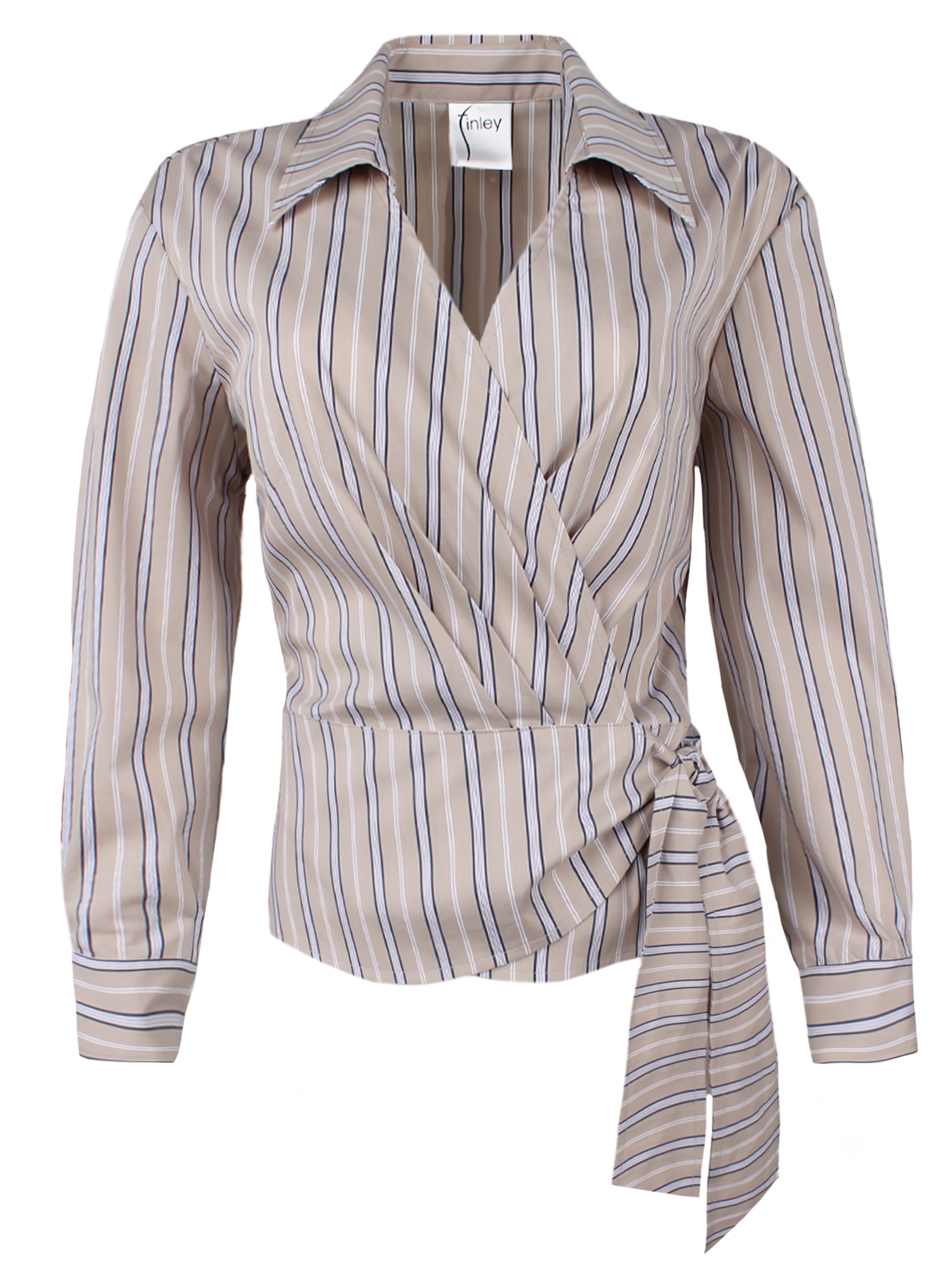 Avalon V Neck Wrap Shirt for Women - Cafe Au Lait Striped Blouse, Elegant Casual Tops for Work, Date Night & Spring Outfits