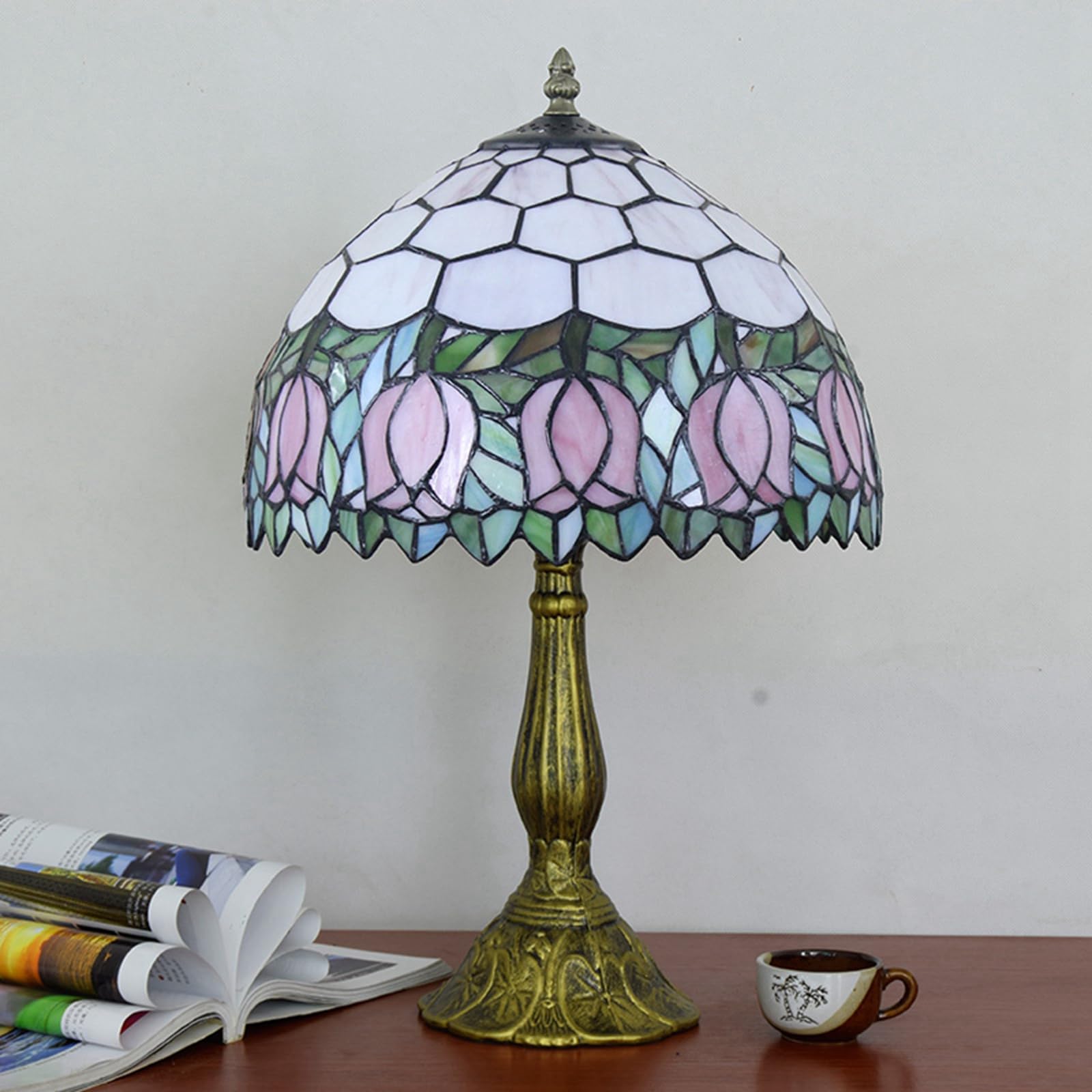 Tiffany Style Stained Glass Table Lamp - Pink Tulip Design for Bedroom, Living Room, Office & Dorm | 12x12x18 Inch with Bulb Included | Perfect for Reading, Decor & Housewarming Gifts
