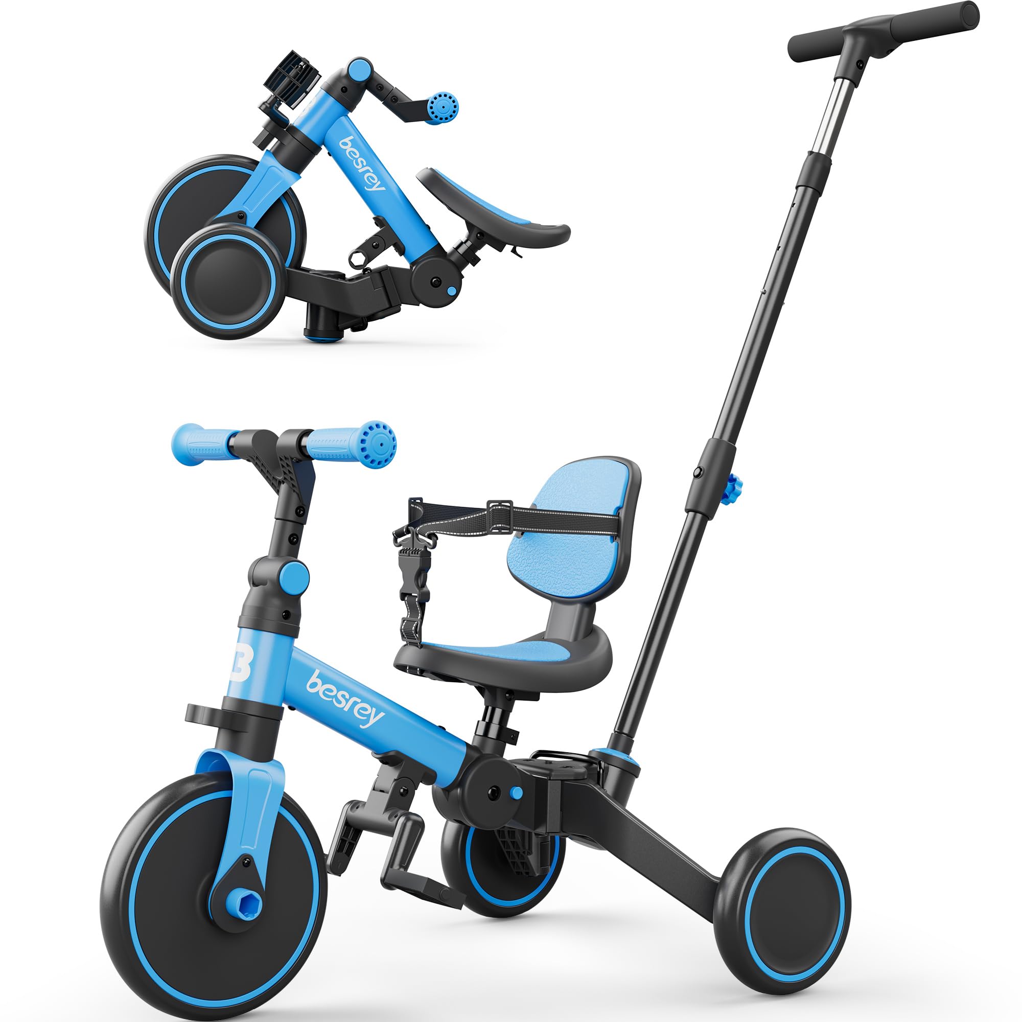 Besrey 5-in-1 Toddler Bike for 1-3 Year Olds - Convertible Tricycle with Push Handle, Adjustable Backrest & Safety Belt - Perfect Balance Bike & First Birthday Gift for Boys & Girls - Ideal for Indoor Play, Outdoor Learning & Developing Motor Skills