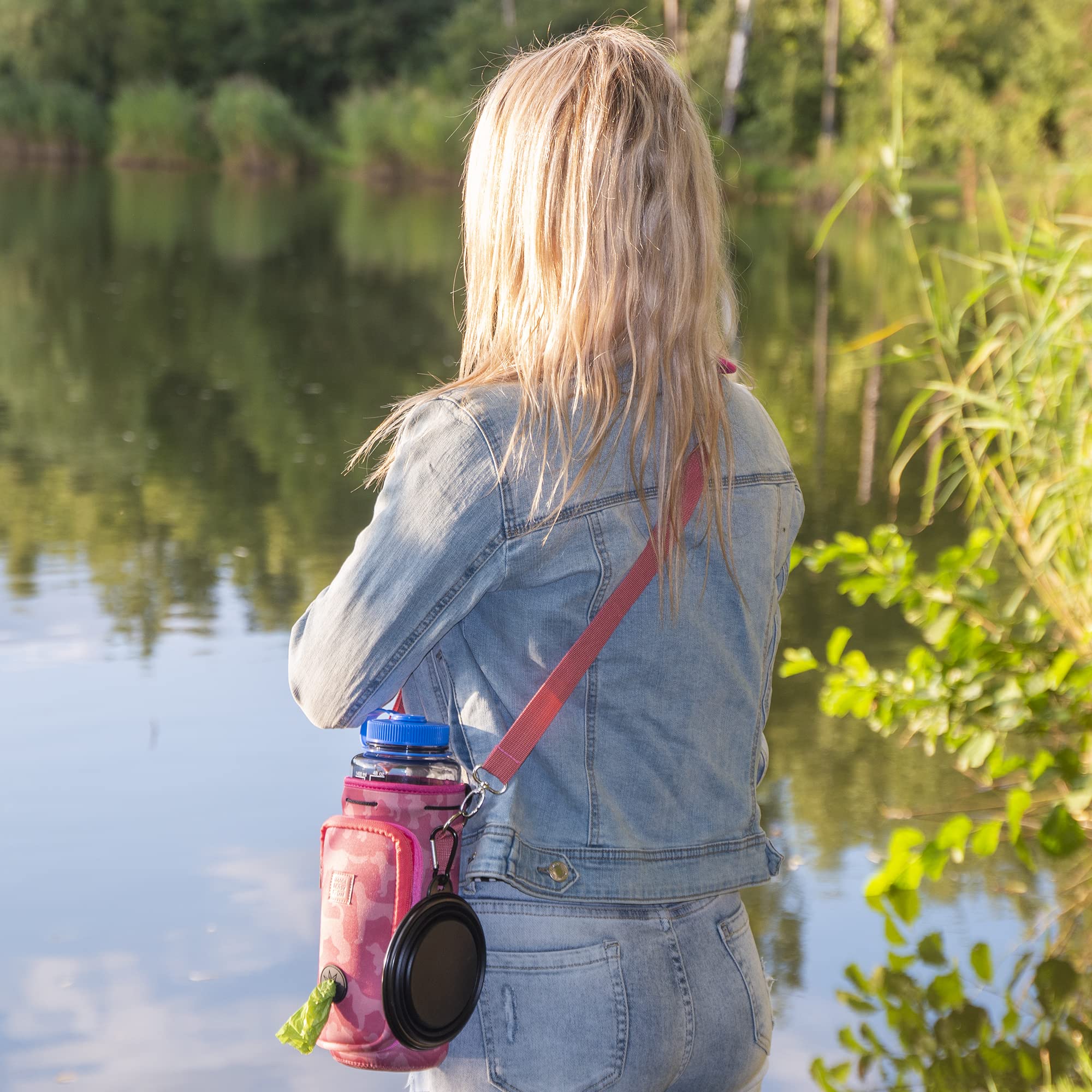 **Adjustable Padded Shoulder Strap Dog Water Bottle Carrier with Pocket for Waste Bags – Tall & Large (40oz) Includes Bowl, Pink with Dog Silhouettes – Perfect for Hiking, Walking & Outdoor Adventures**