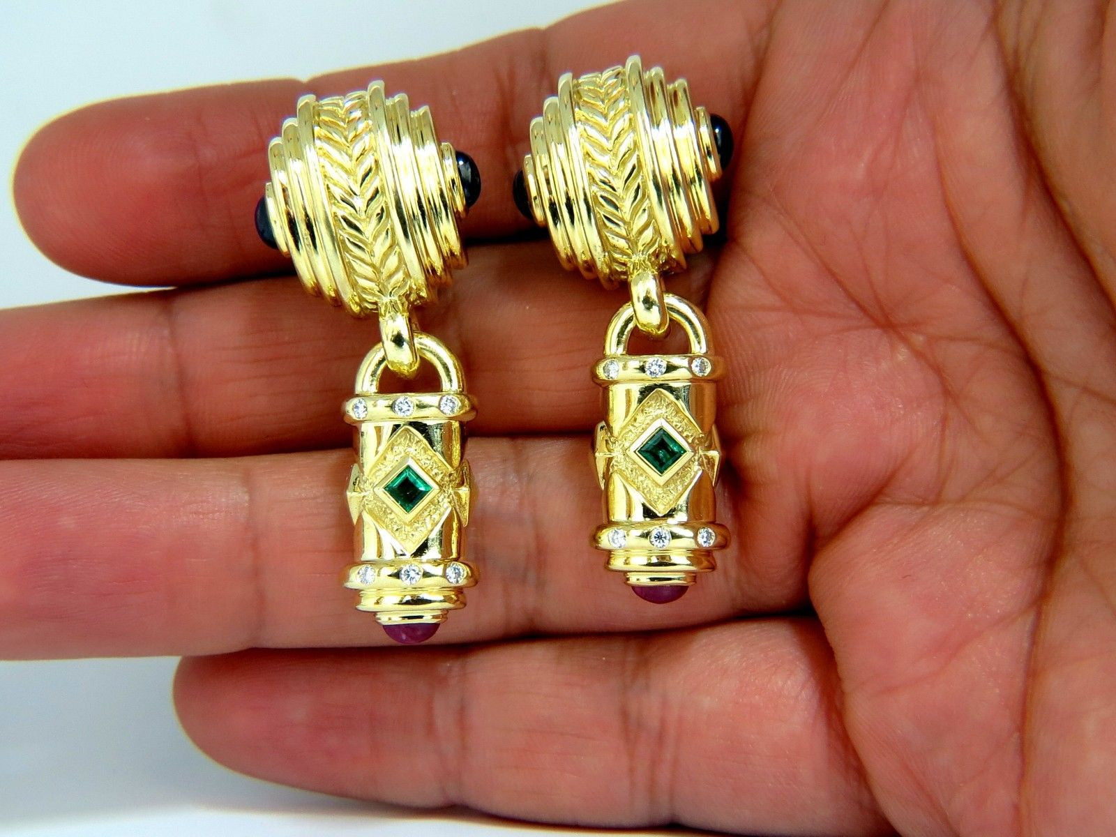 1.10ct Natural Emerald Ruby Sapphire Byzantine 18K Gold Dangle Earrings for Women – Elegant Jewelry Gift for Brides, Parties & Special Occasions
