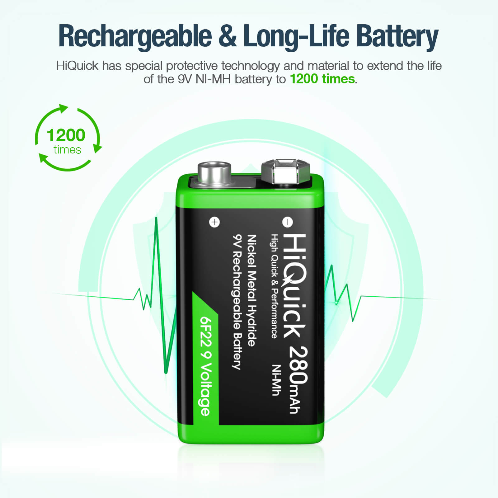 HiQuick 9V Rechargeable NiMH Battery 280mAh - Long Lasting Power for Guitar Pedals, Smoke Detectors & Electronic Devices | Eco-Friendly & Fast Charging
