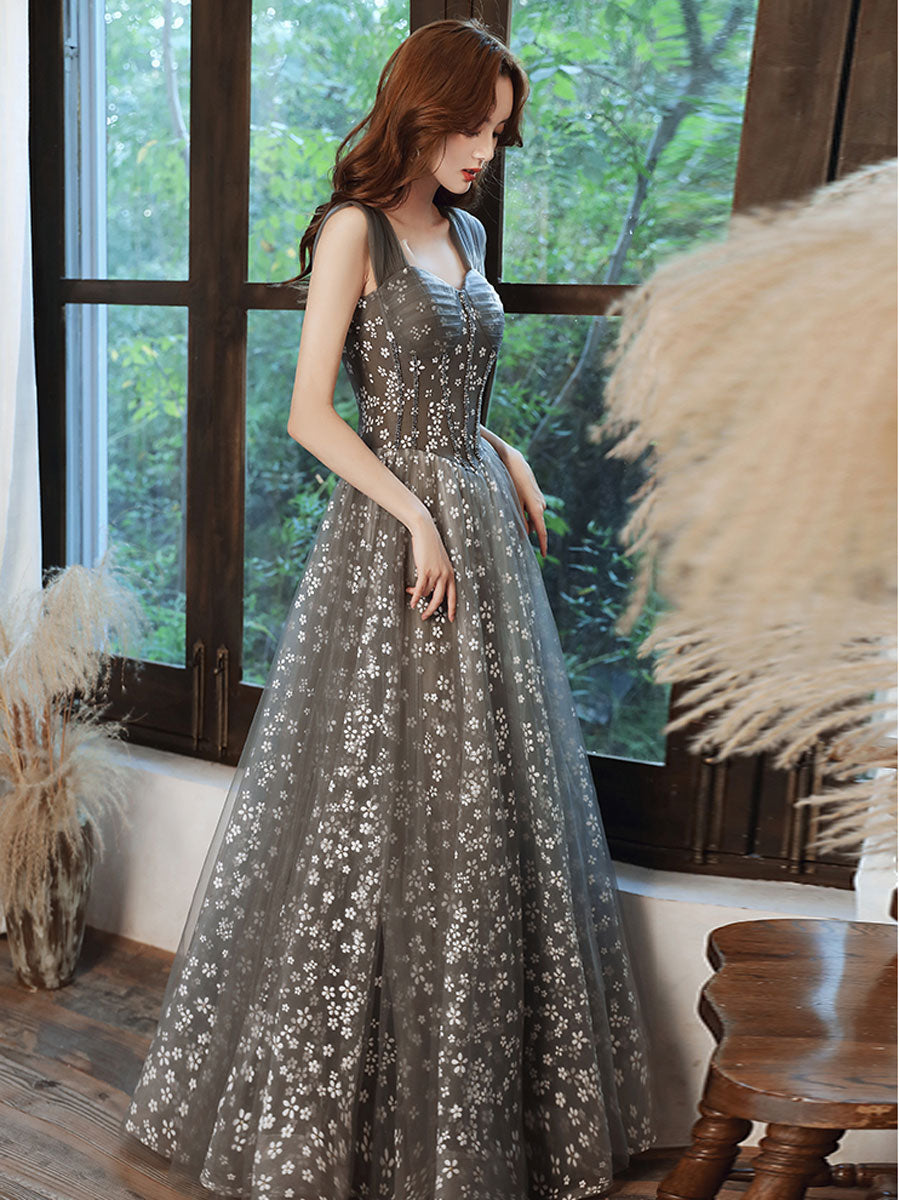 Elegant Sweetheart Neckline Tulle Gray Long Prom Dress with Beading - Perfect for Graduation, Homecoming, and Formal Evening Events