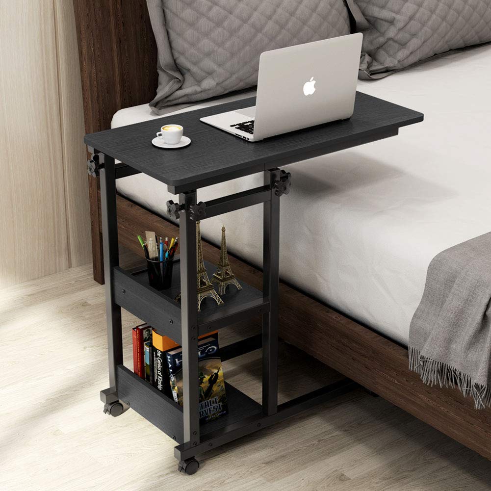 Tribesigns Adjustable Height Mobile C-Shaped End Table with Storage Shelves - Rolling Snack Table, Bedside Laptop Cart, Sofa TV Tray for Living Room, Bedroom, Office (Black) - Perfect for Small Spaces, Snacking, Remote Work & Entertainment
