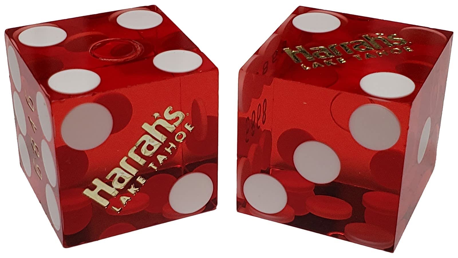 Authentic Harrah's Lake Tahoe Casino Dice Set - Red Polished Dice with Pouch & 36