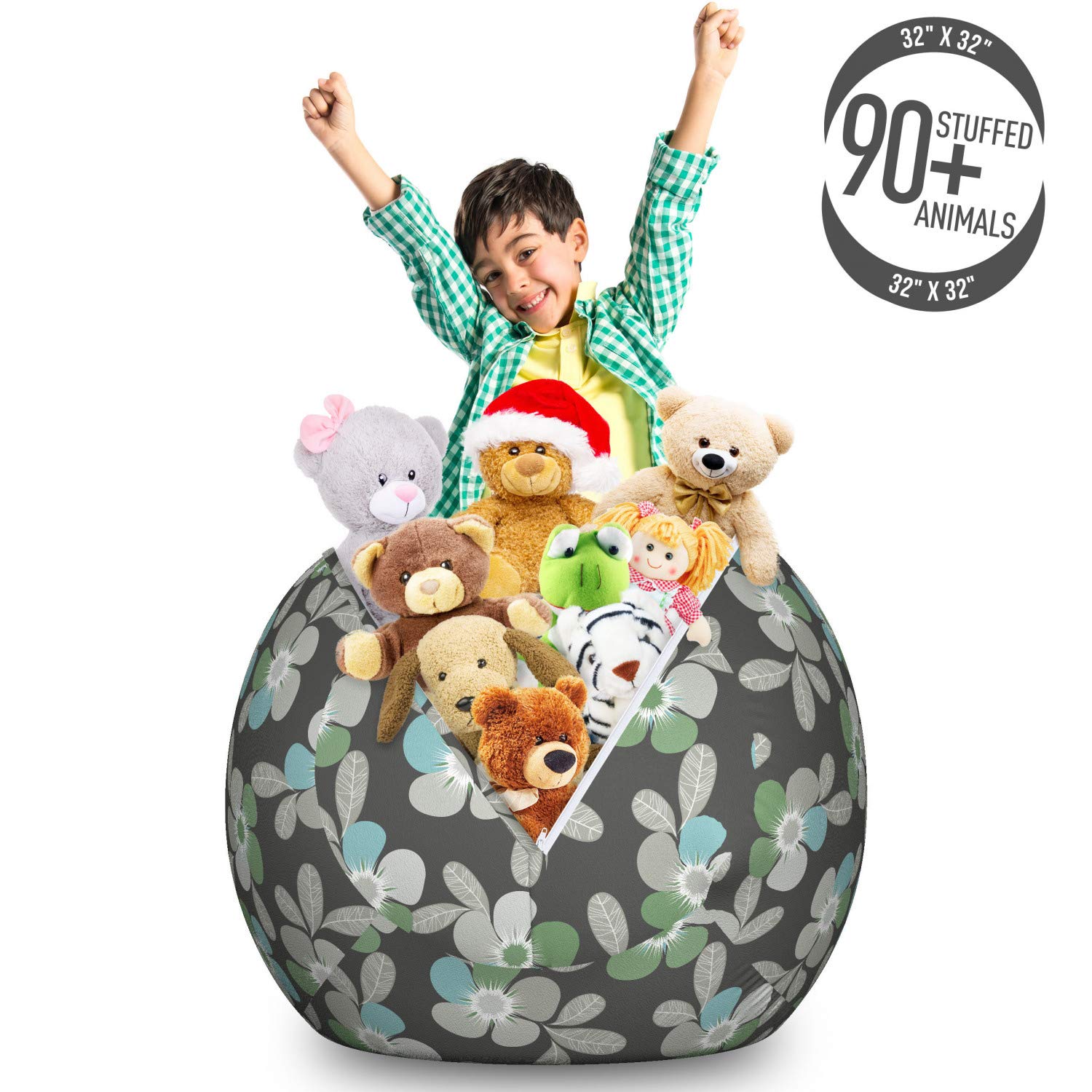 Ambesonne Floral Storage Toy Bag Chair - Large Washable Stuffed Animal Organizer with Abstract Simplistic Flowers & Leaves in Grey Pale Sage Green - Perfect for Kids' Room, Nursery, Playroom & Home Organization