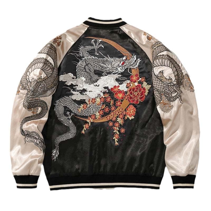 USTZFTBCL Embroidered Bomber Jacket with Dragon Patchwork - Vintage Motorcycle Coat for Men, Heavy Duty Industrial Style Outerwear | Perfect for Biker Rides, Street Fashion & Casual Outings