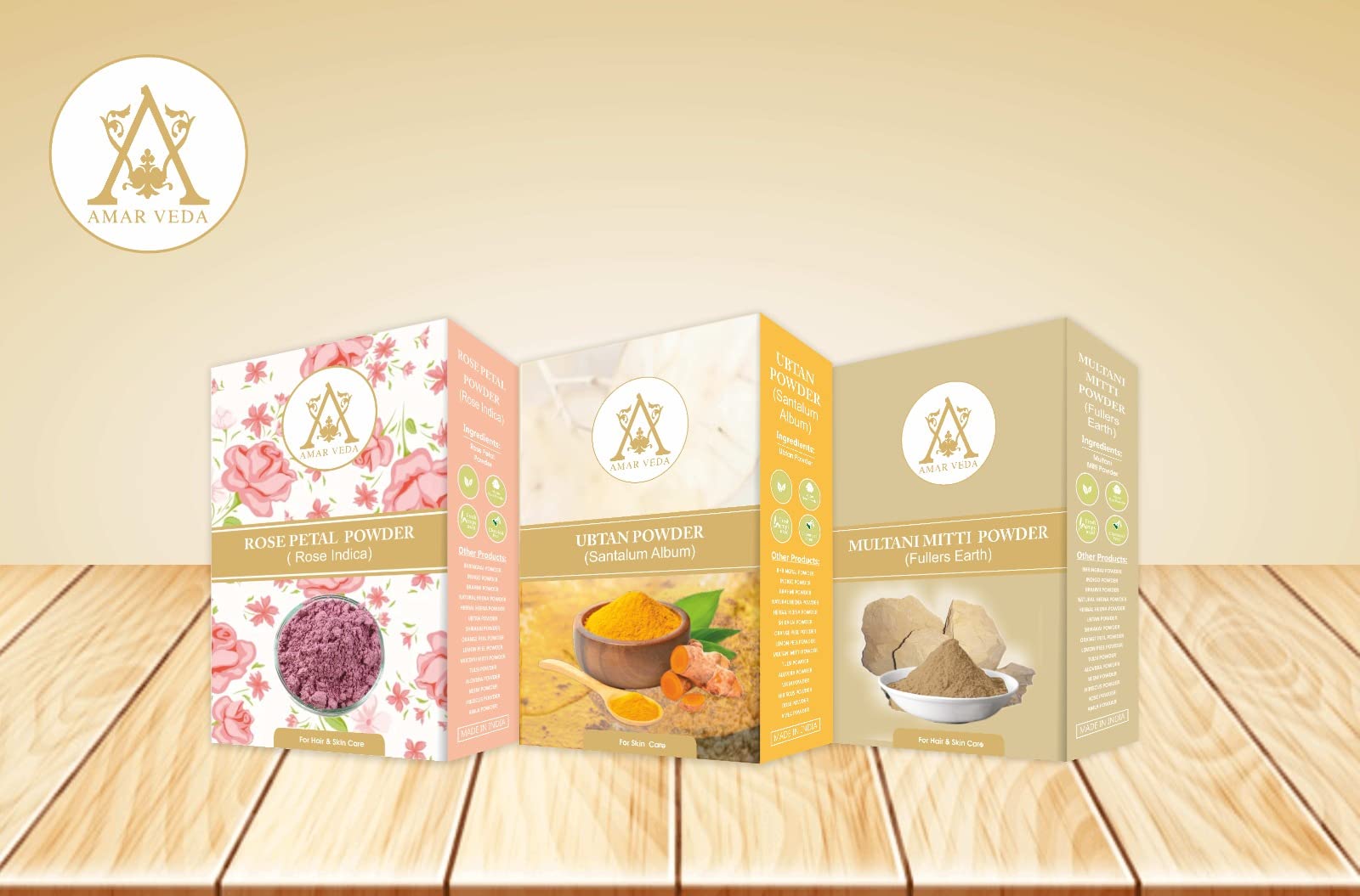AMAR VEDA MULTANI MITTI, Rose Petal Powder & UBTAN Powder for Glowing Skin - 100g Each (Combo Pack of 3) | Natural Face Mask, Skin Brightening & Exfoliating Treatment for Daily Beauty Routine