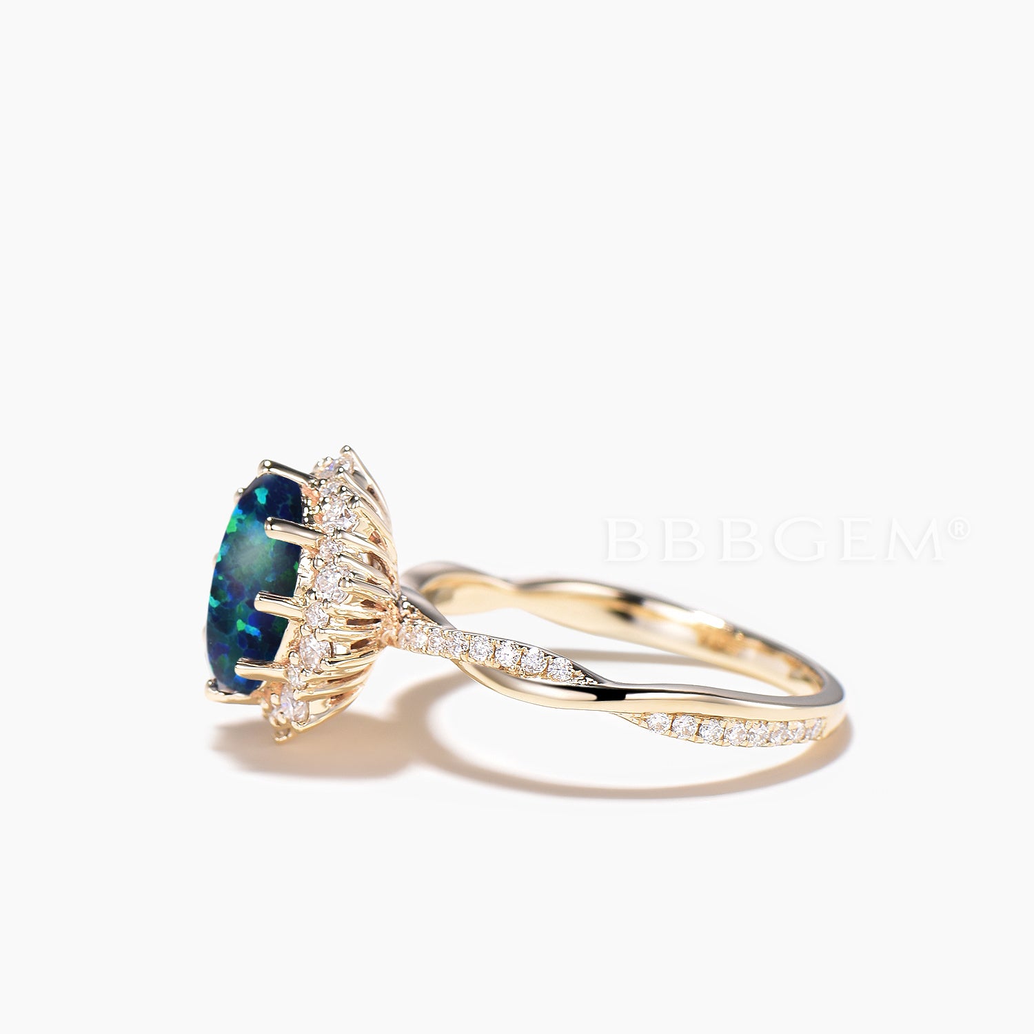 1.5 Carat Oval Cut Black Opal Engagement Ring with Diamond Halo & Twisted Band - Perfect for Proposals, Anniversaries, and Special Occasions