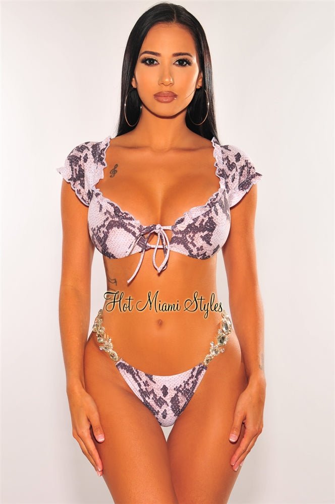 Sexy Brown Snake Print Ruffle Jeweled Scrunch Butt Bikini Swimsuit - High Waisted Cheeky Bikini Set for Beach, Pool Party & Summer Vacation