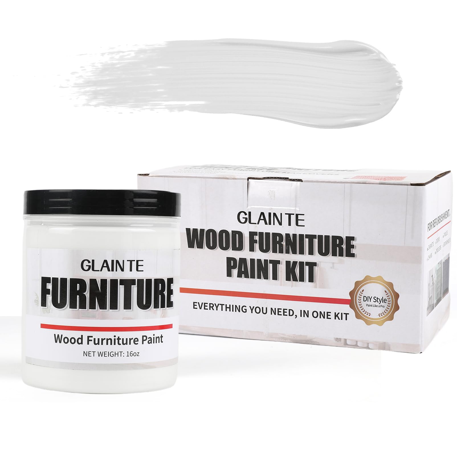 GLAINTE White Furniture Paint Kit - Non-Toxic Water-Based Wood Paint for Cabinets, Doors, Tables & Dressers - Odorless Home Decor Paint (16 oz) - Perfect for DIY Furniture Refinishing & Home Renovation Projects