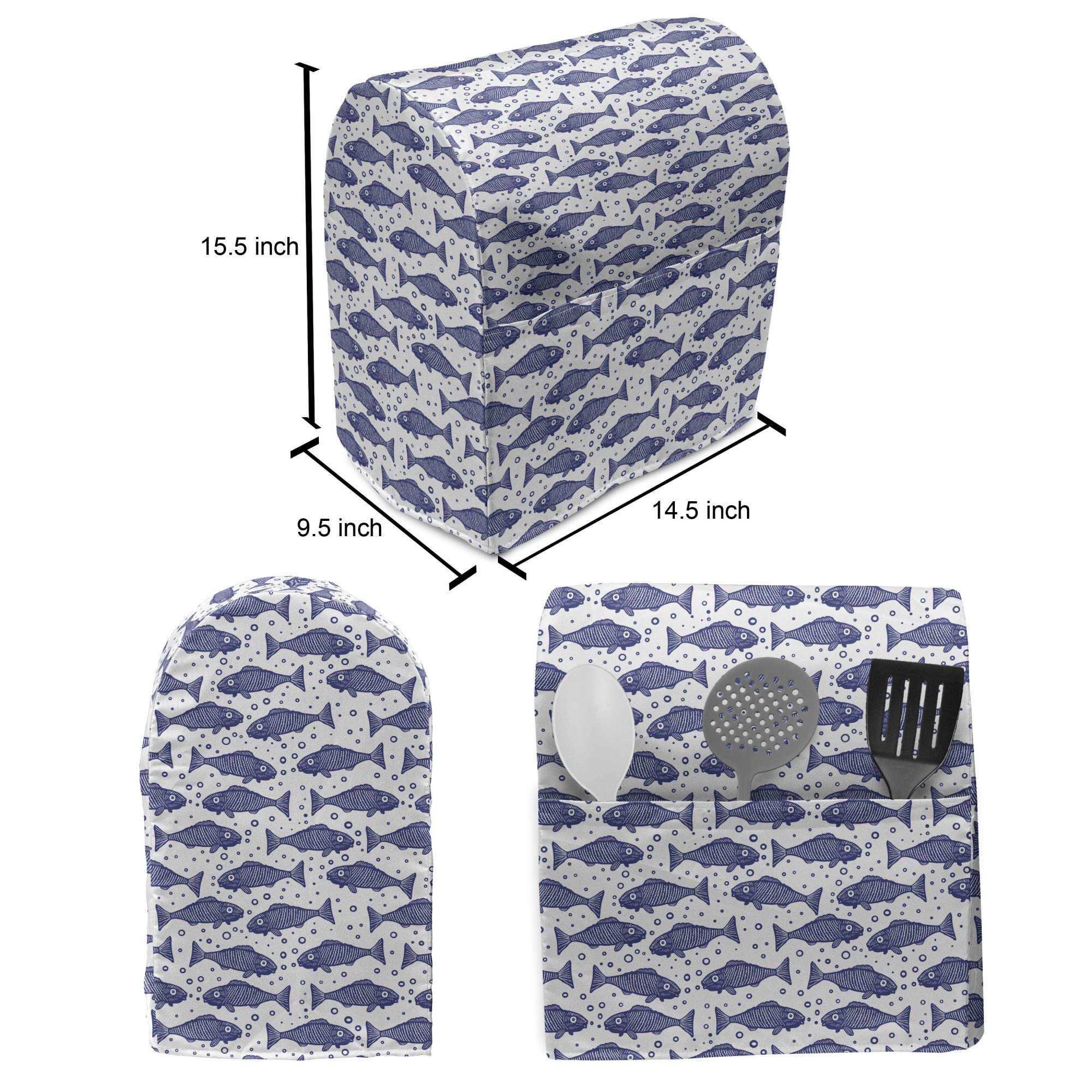Ambesonne Nautical Stand Mixer Cover - Monochrome Hand-Drawn Fish Pattern Kitchen Appliance Organizer with Pocket (6-8 Quarts, Violet Blue & White) | Perfect for Kitchen Organization & Countertop Protection
