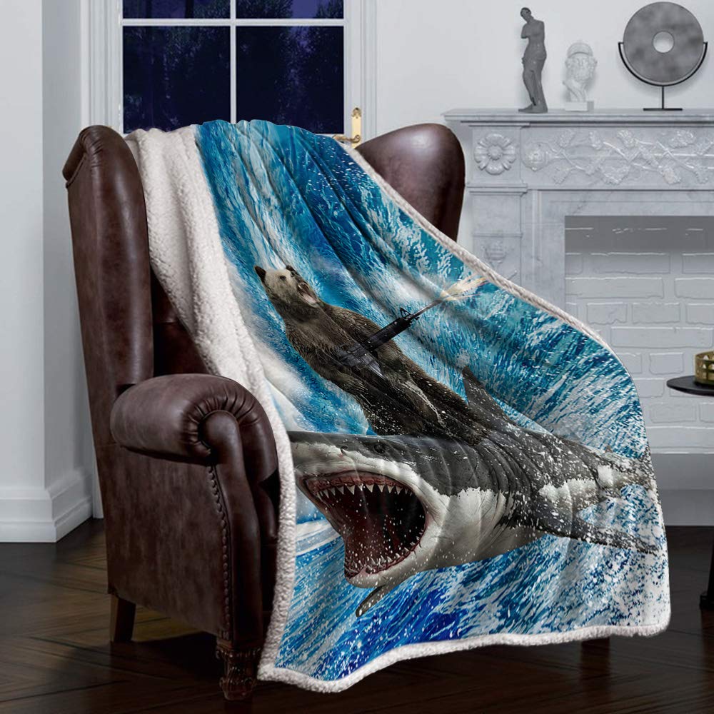 Bear and Shark Surfing Machine Gun Beach Theme Blue Waves Sherpa Fleece Throw Blanket - Ultra Soft & Lightweight for All Seasons - 49