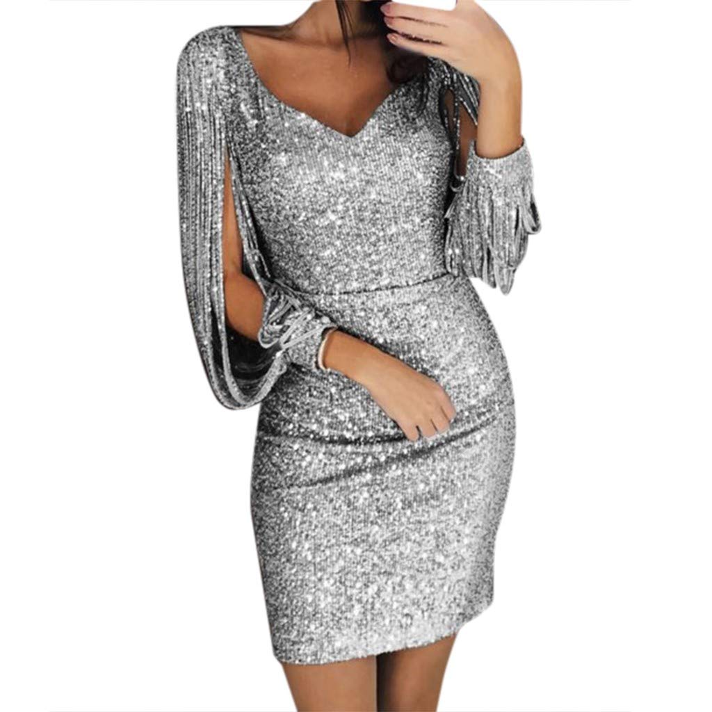 Sexy Glitter Mini Dress for Women - V-Neck Short Party Dress with Sequin & Pleated Wrap Design, Elegant Long Sleeve Prom Dress with Irregular Hem | Perfect for Cocktail Parties, Date Nights & Special Occasions