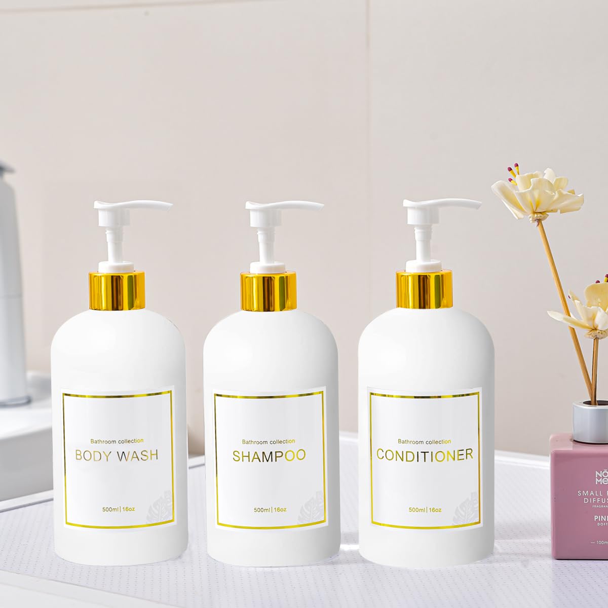 Akalin 16oz Refillable Shampoo and Conditioner Bottles Set - White & Gold Soap Pump Dispensers with Waterproof Labels (3-Pack) for Bathroom, Salon, Travel & Home Organization
