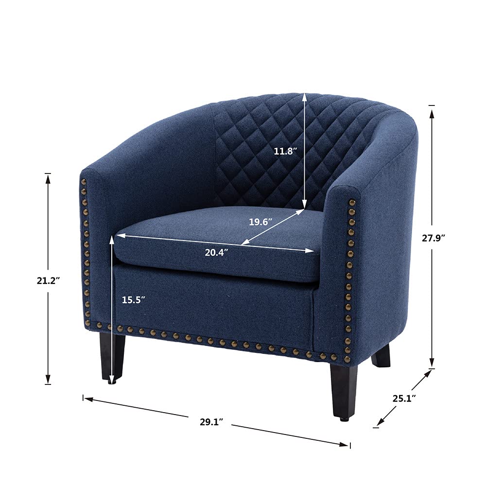 Modern Mid-Century Accent Barrel Chair with Nailhead Trim & Solid Wood Legs - Navy Linen Fabric Armchair for Living Room, Bedroom, Office - Comfortable Lounge Chair for Relaxing, Reading & Entertaining