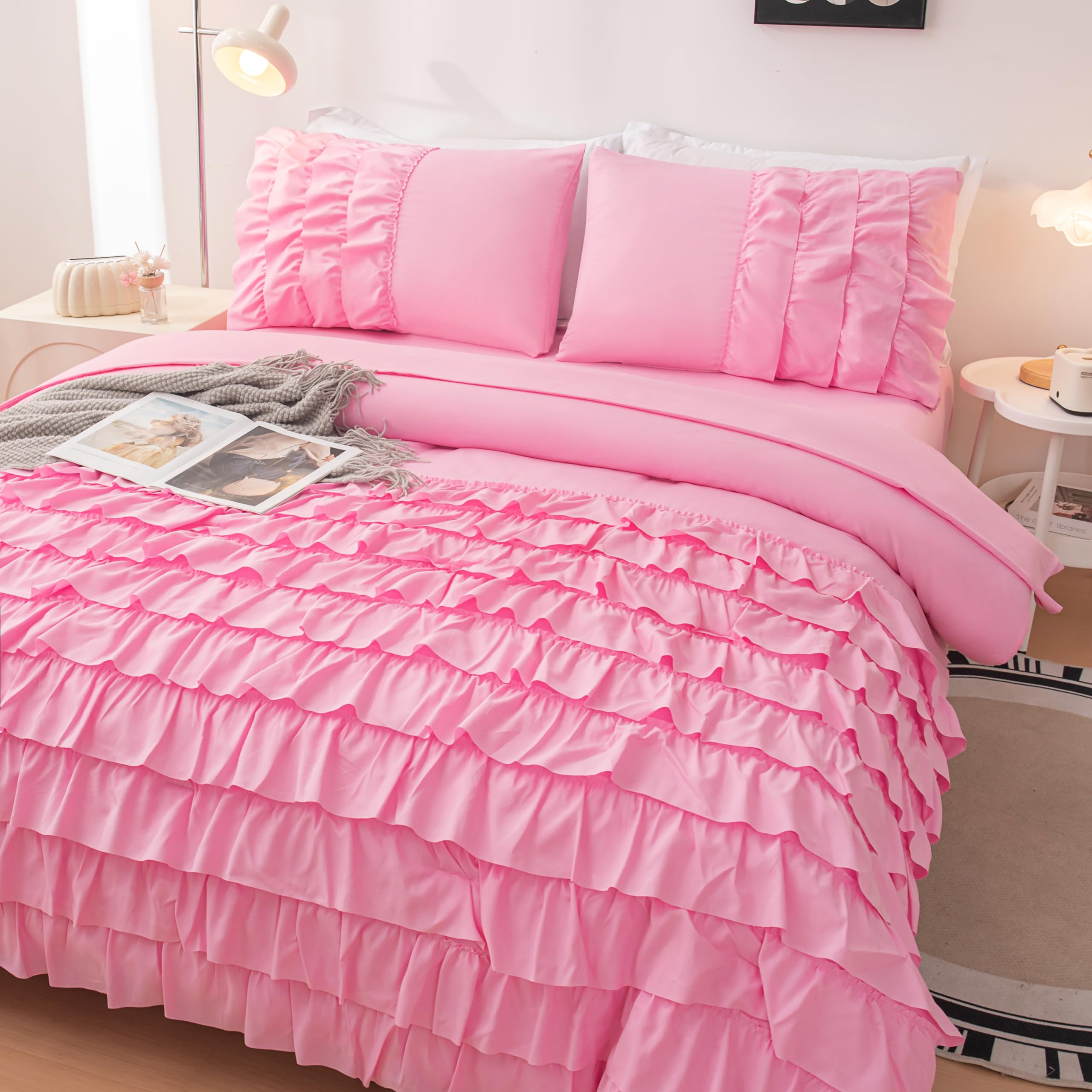 **Pink Princess Dress Comforter Set Queen Size - 5 Piece Teen Girls Bed in a Bag with Ruffled Bedding & Sheets - Perfect for Kids' Room, Birthday Gifts & Princess-Themed Decor**