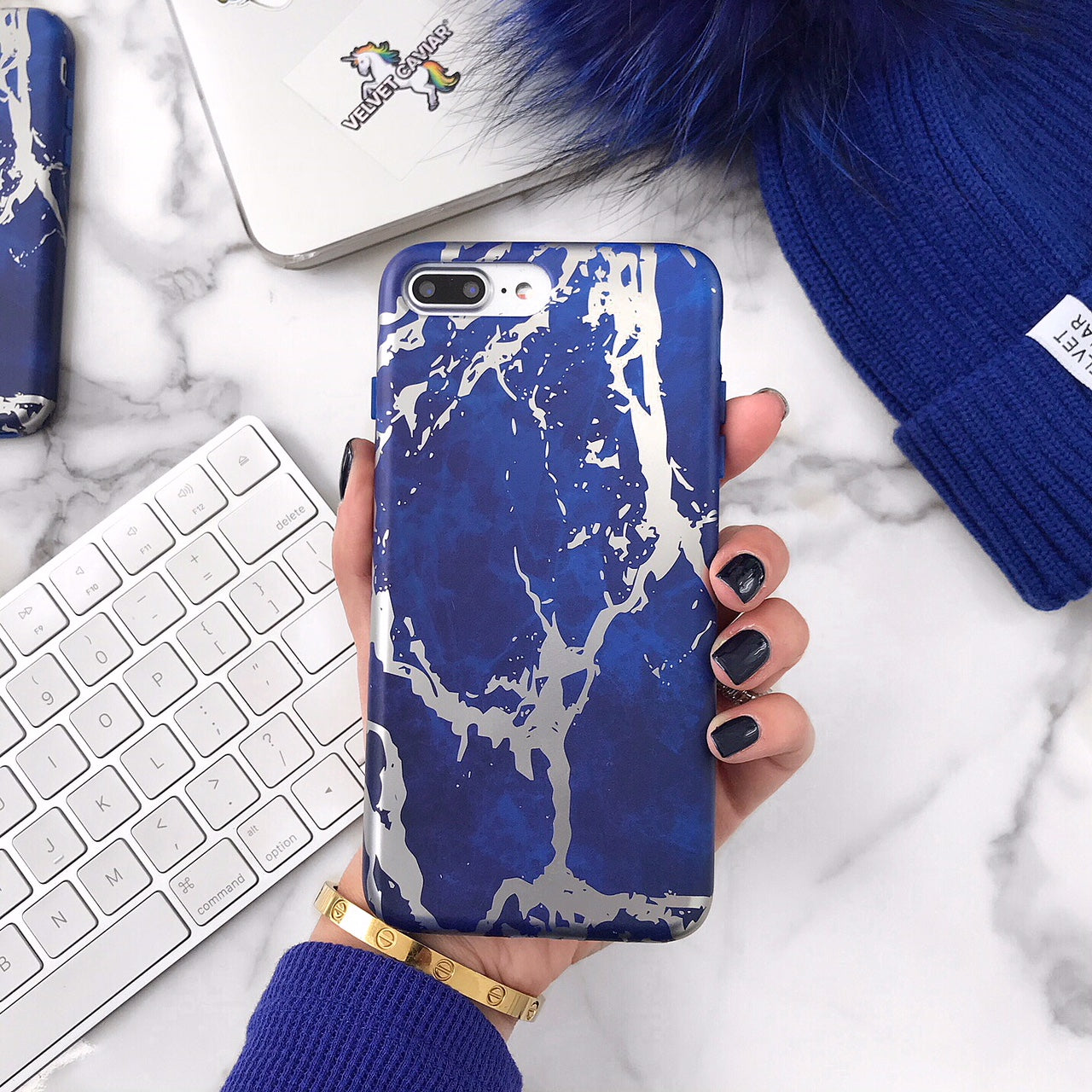 Navy Blue Marble Silver Chrome iPhone Case - Stylish Protective Cover for iPhone 13/14/15 Pro Max - Durable Shockproof Phone Case for Everyday Use & Travel