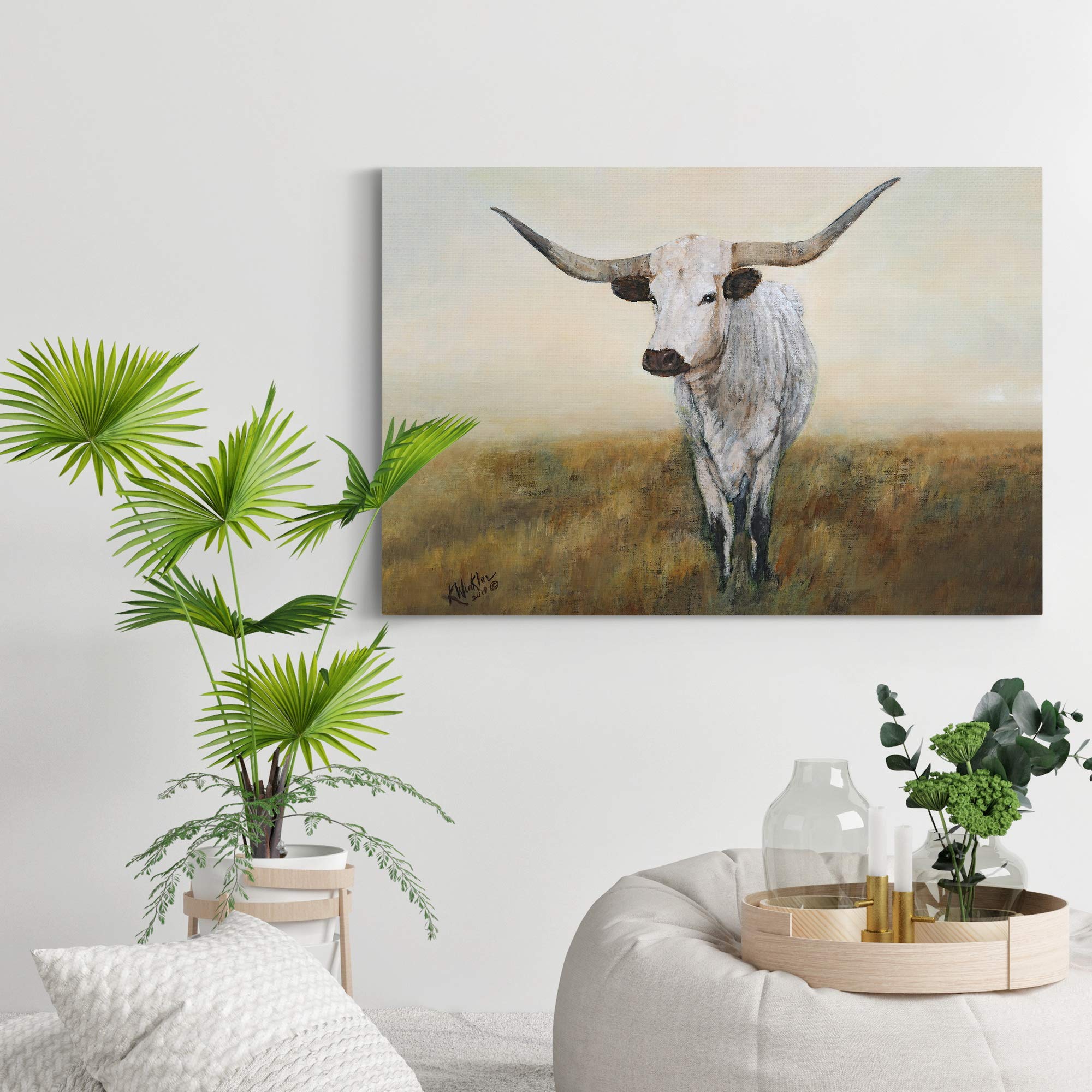 Fierce Longhorn Death Stare Abstract Black & White Canvas Wall Art - 32x48 Inch Modern Animal Painting for Home Decor, Bedroom, Office & Kitchen | Premium Gallery-Wrapped Canvas Print