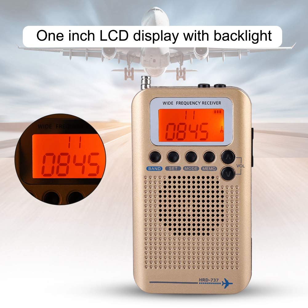 Portable Air Band Radio Receiver - Full Band AM/FM/CB/SW/VHF Handheld Aircraft Radio with Extended Antenna, LCD Display, Alarm & Earphones (Gold) | Perfect for Aviation Enthusiasts, Emergency Preparedness & Outdoor Adventures