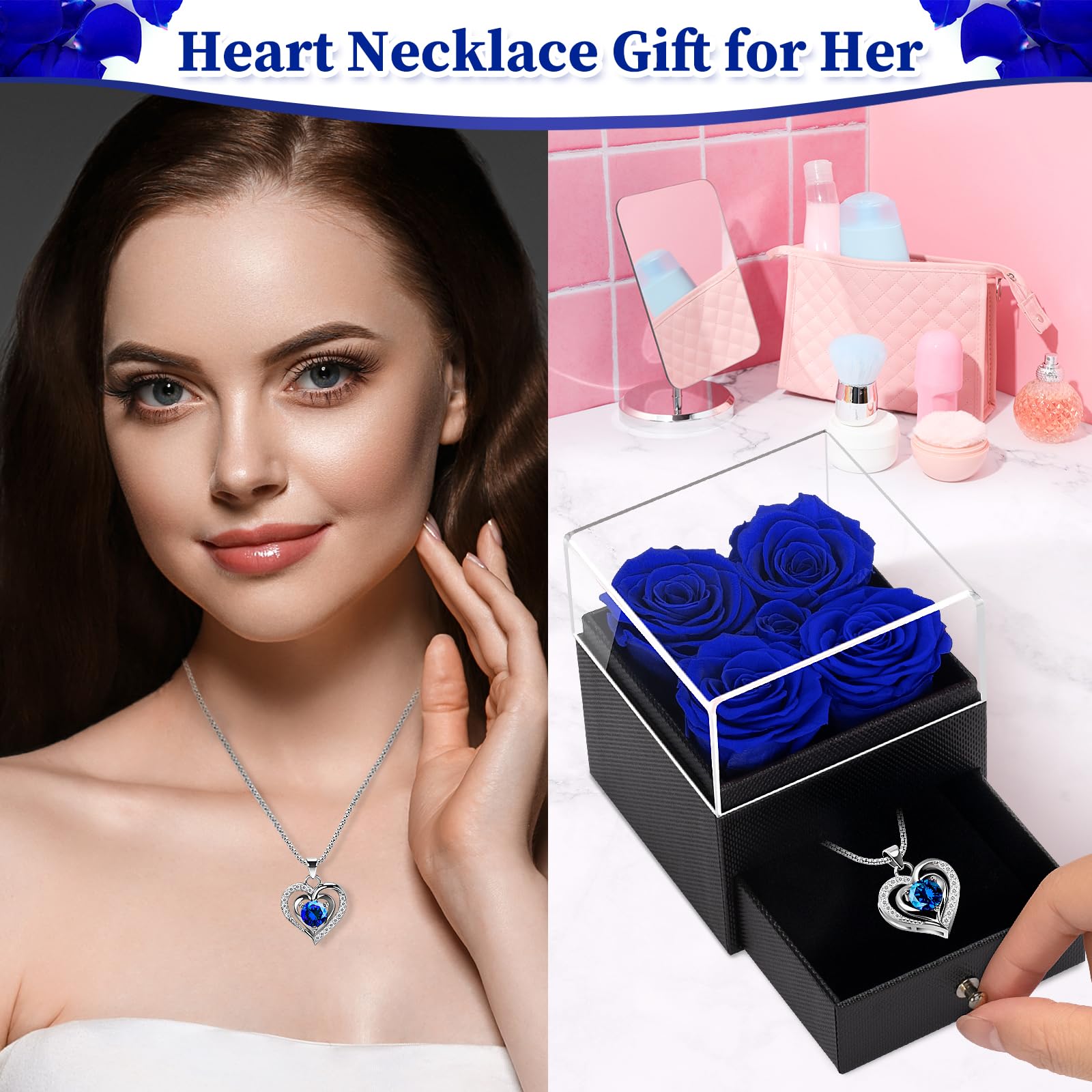 4 Preserved Rose Gift Set for Women - Jewelry Box with Necklace, Birthday Anniversary Present for Mom, Wife, Grandma, Teacher, Nurse | Romantic Keepsake for Special Occasions
