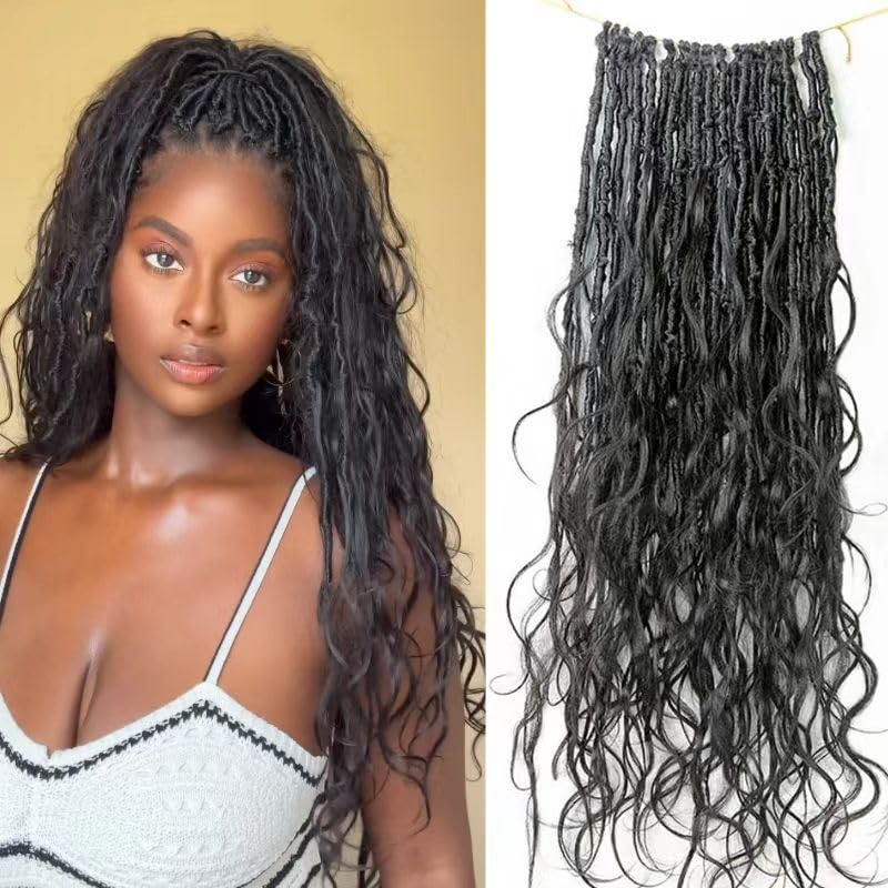 Pre-Looped Crochet Boho Locs Braiding Hair with Human Hair Curls - 18 Inch Goddess Dreadlocks with Curly Ends & Body Wave - 72 Strands (3 Pack) for Protective Styles & Boho Chic Looks