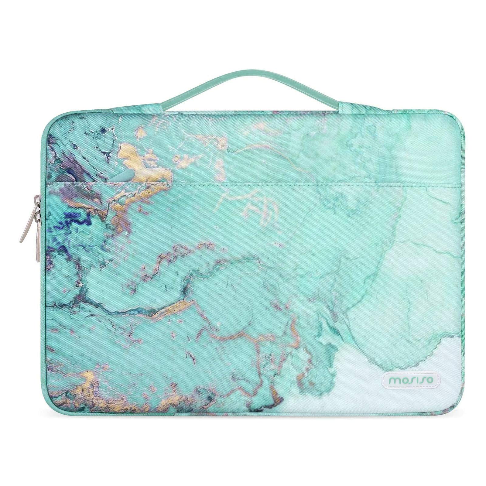 MOSISO 360 Protective Laptop Sleeve for MacBook Air/Pro 13-13.3 inch & MacBook Pro 14 inch 2021-2023 (M1/M2 Chip A2442/A2779) - Watercolor Marble Design with Belt - Perfect for Travel, Office & School - Green