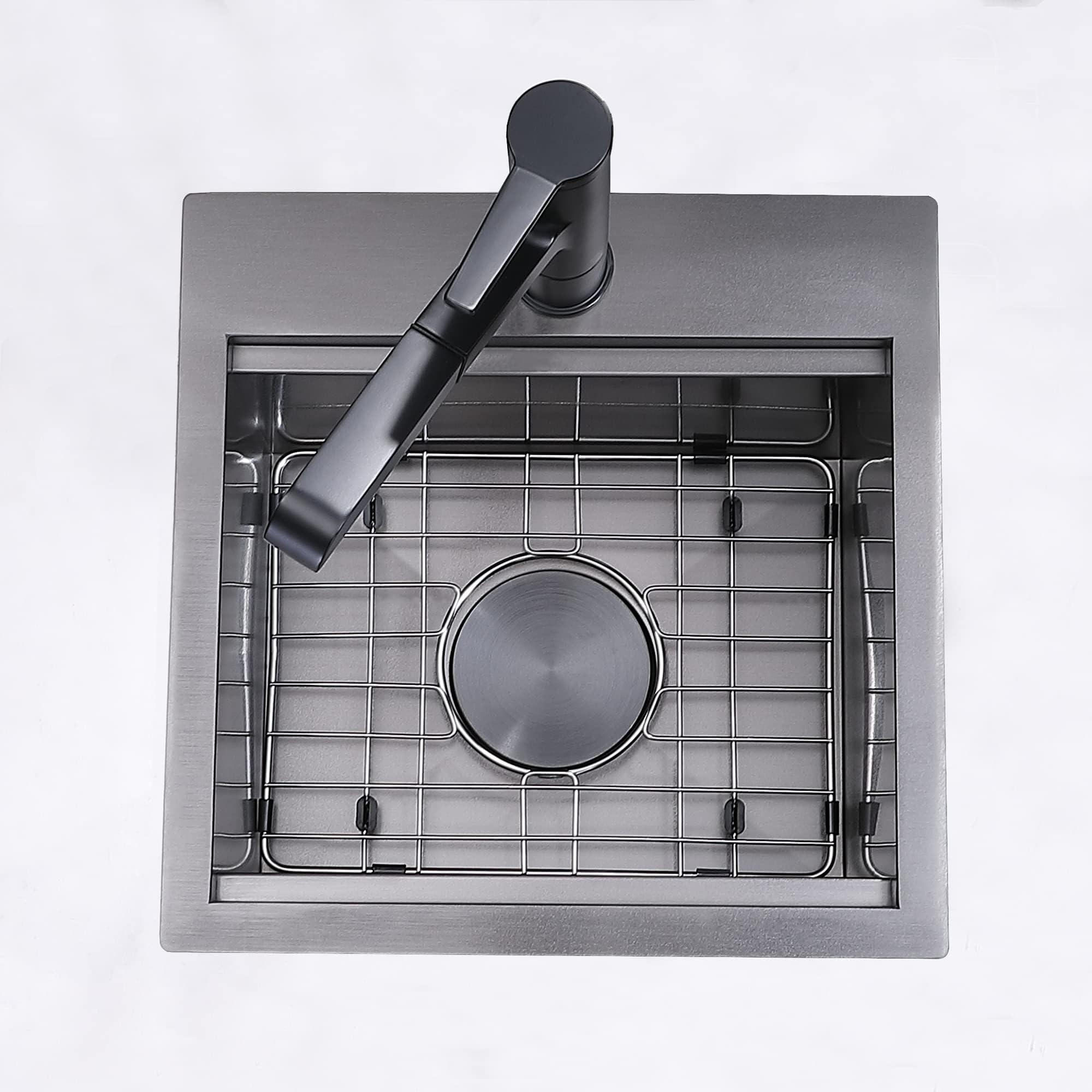 15 Inch Black Top Mount Bar Sink - 16 Gauge Stainless Steel Small Kitchen Sink (15x15) for Wet Bar, RV & Outdoor Use with Accessories - Perfect for Home Bars, Campers & Outdoor Kitchens