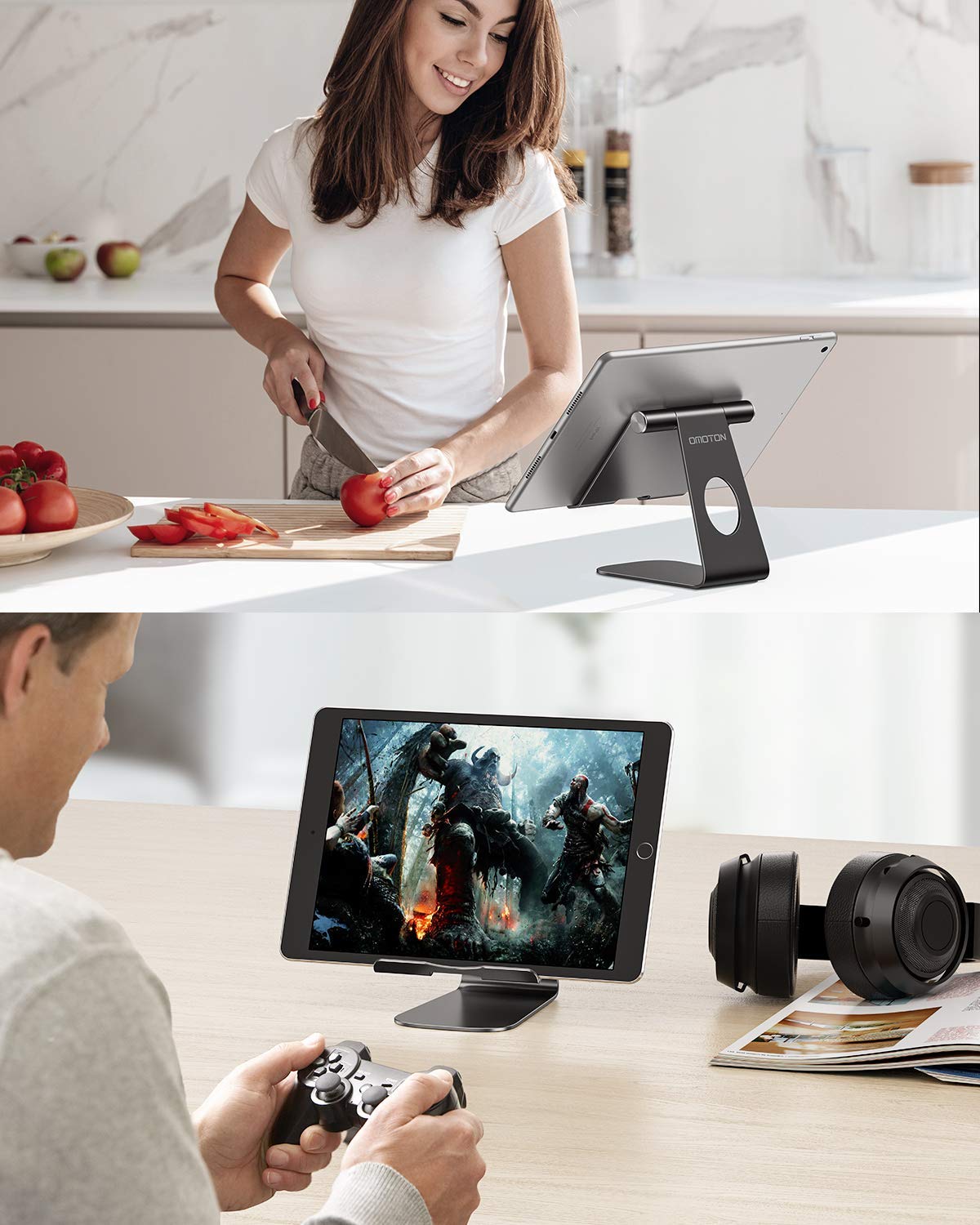 OMOTON Adjustable Tablet Stand Holder for iPad Pro 2022/11/12.9, iPad Air 3/4/5, iPad Mini 4/5/6, Samsung Galaxy Tab, Nintendo Switch - Universal Aluminum Stand for Tablets up to 12.9 Inches (Black) - Perfect for Home Office, Gaming & Watching Videos