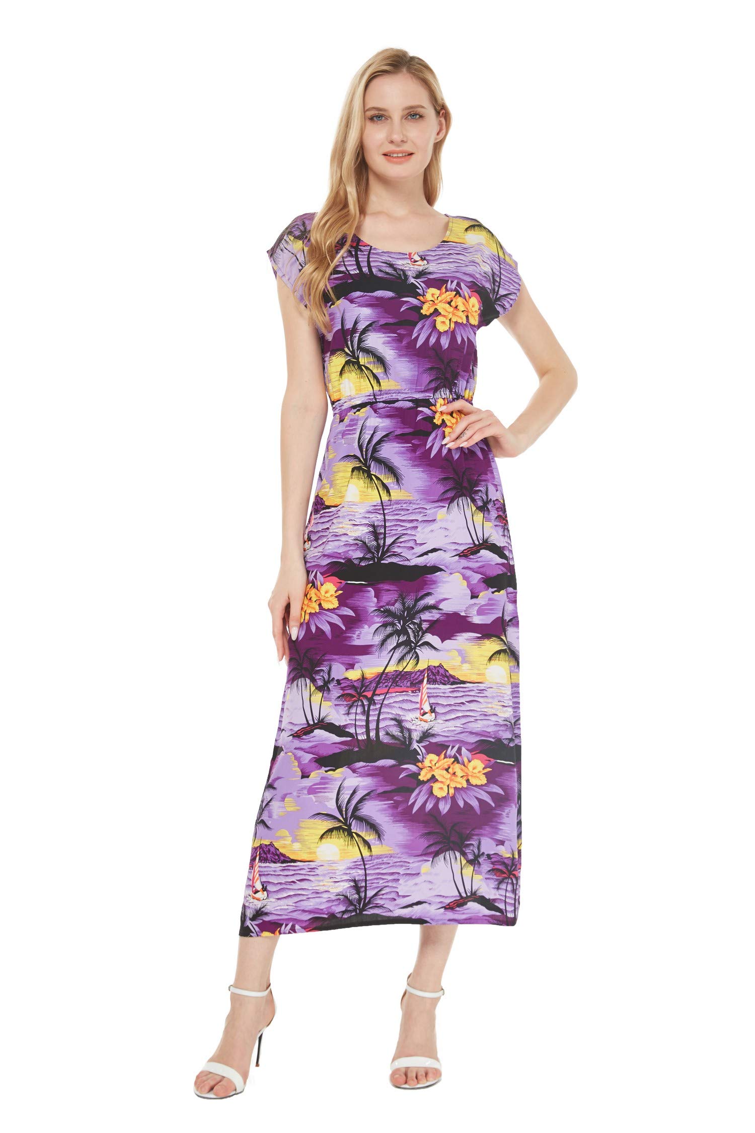 Women's Hawaiian Luau Cap Sleeve Maxi Dress - Floral Sunset Print Beach Party Dress for Summer Vacation, Luau Party & Tropical Getaway