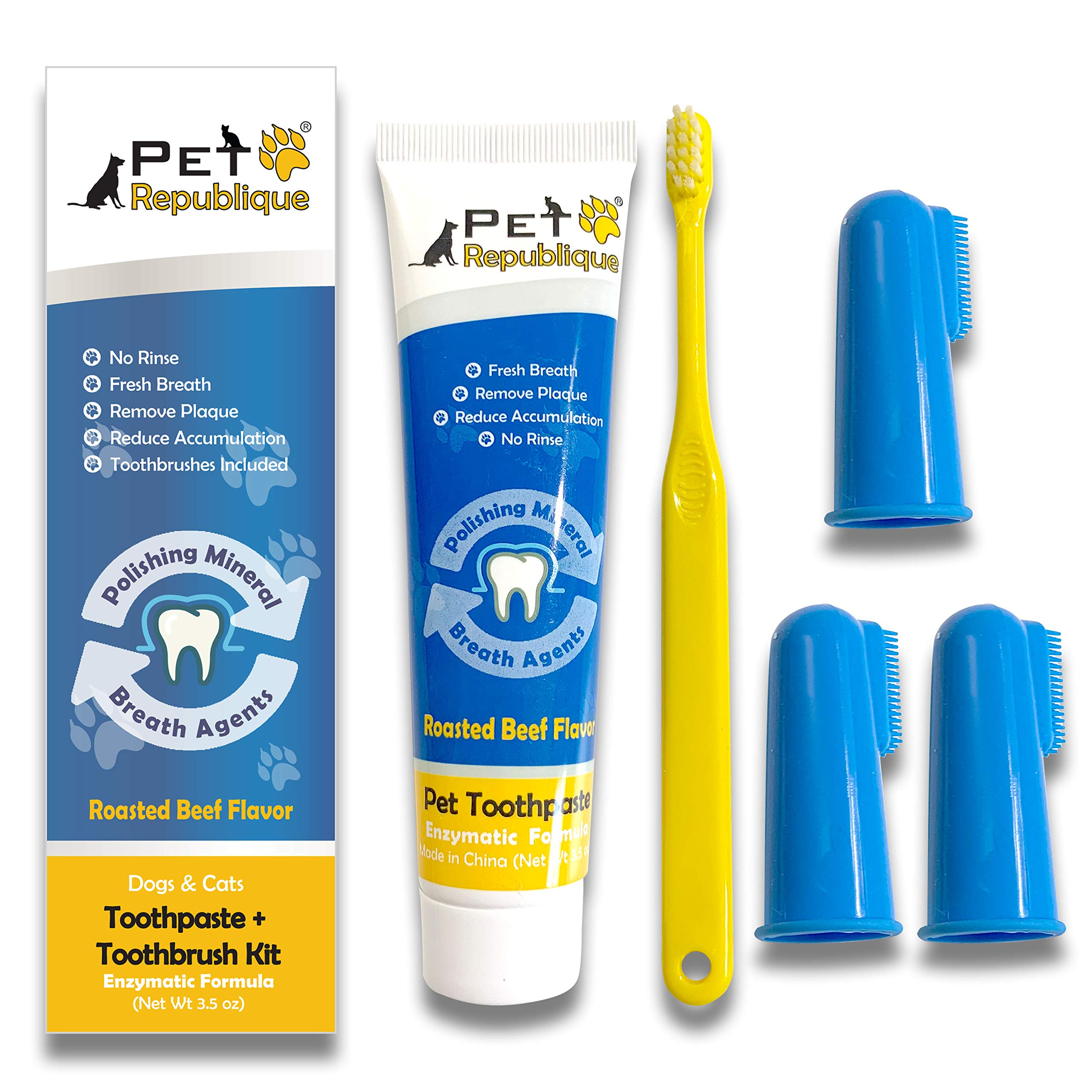 Pet Republique Enzymatic Dog Toothpaste Kit - Beef Flavor Dental Care for Dogs & Cats - Includes 3.5oz Toothpaste, 3 Silicone Finger Brushes & Mini Handle Brush - Freshens Breath & Prevents Plaque - Perfect for Daily Oral Hygiene at Home