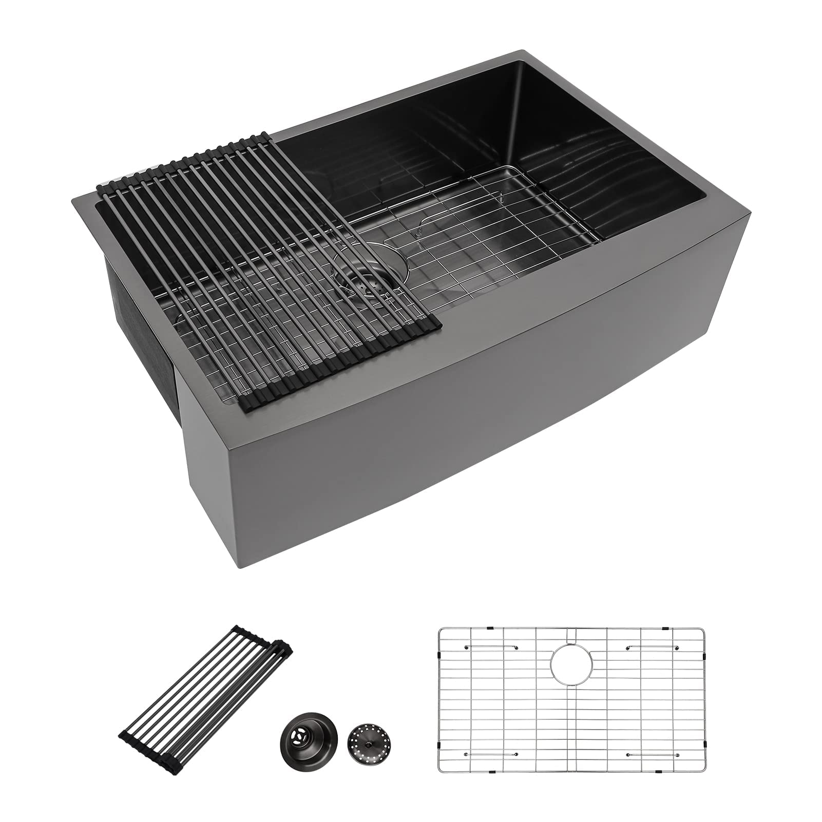 Dcolora 30 Inch Farmhouse Kitchen Sink - Black Stainless Steel Apron Front Single Bowl, 16 Gauge, Gunmetal Matte Finish (30