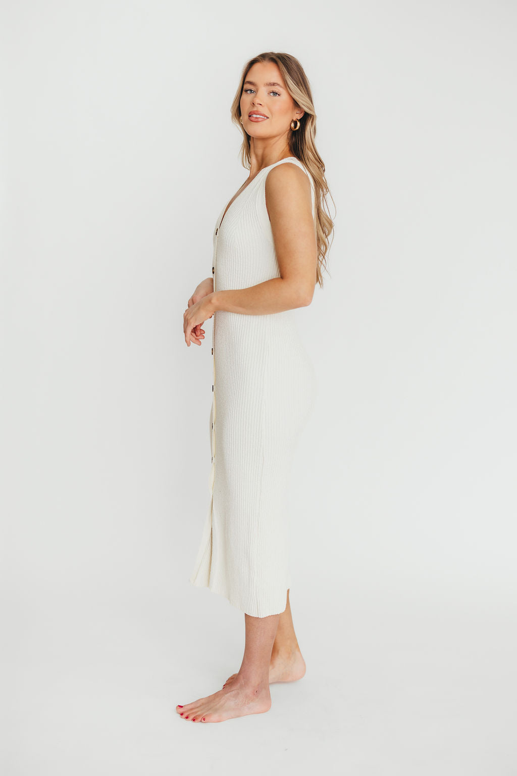 Lelani White Button Down Ribbed Knit Midi Dress - Nursing Friendly & Comfortable for Maternity, Breastfeeding, Work & Casual Wear
