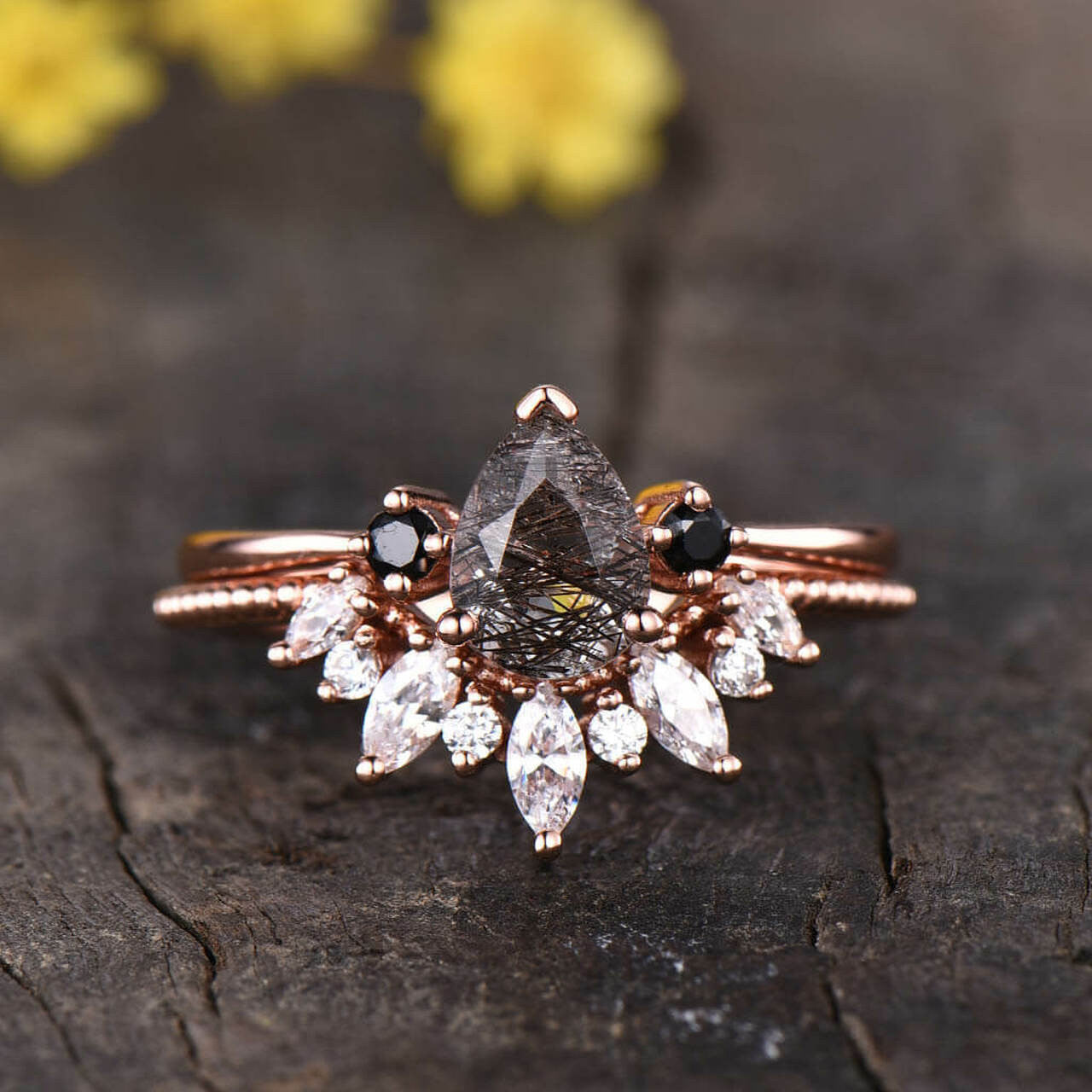 Pear Black Rutilated Quartz Bridal Ring Set in White Gold with Diamond Cluster - Elegant Engagement & Wedding Jewelry for Brides, Anniversary Gifts, and Special Occasions