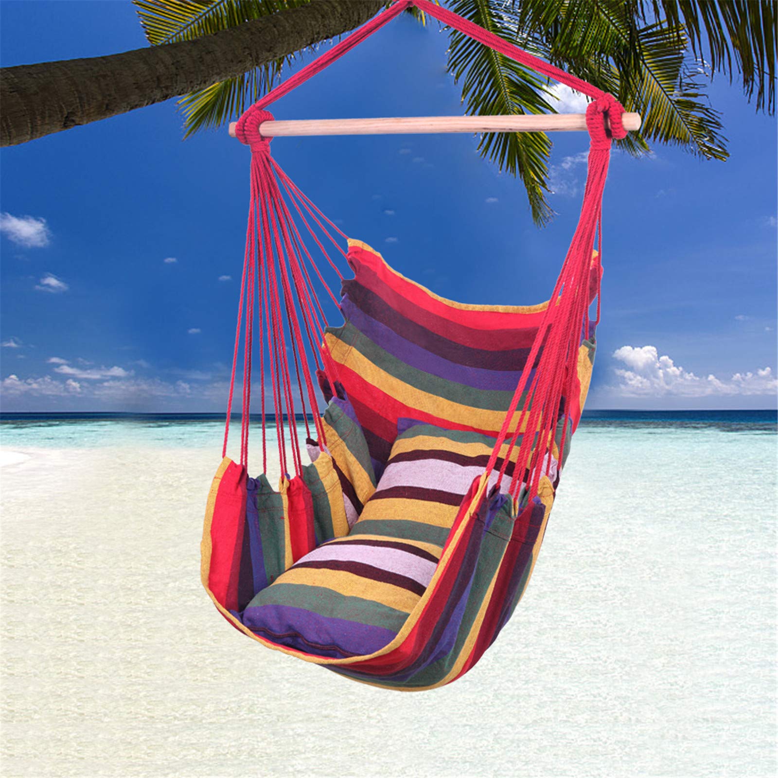 Comfortable Hanging Hammock Chair with 2 Pillows - Durable Rope Swing Seat for Indoor & Outdoor Use - Perfect for Bedroom, Patio, Yard, Porch, Deck, Garden Relaxation (Red Stripe Design)