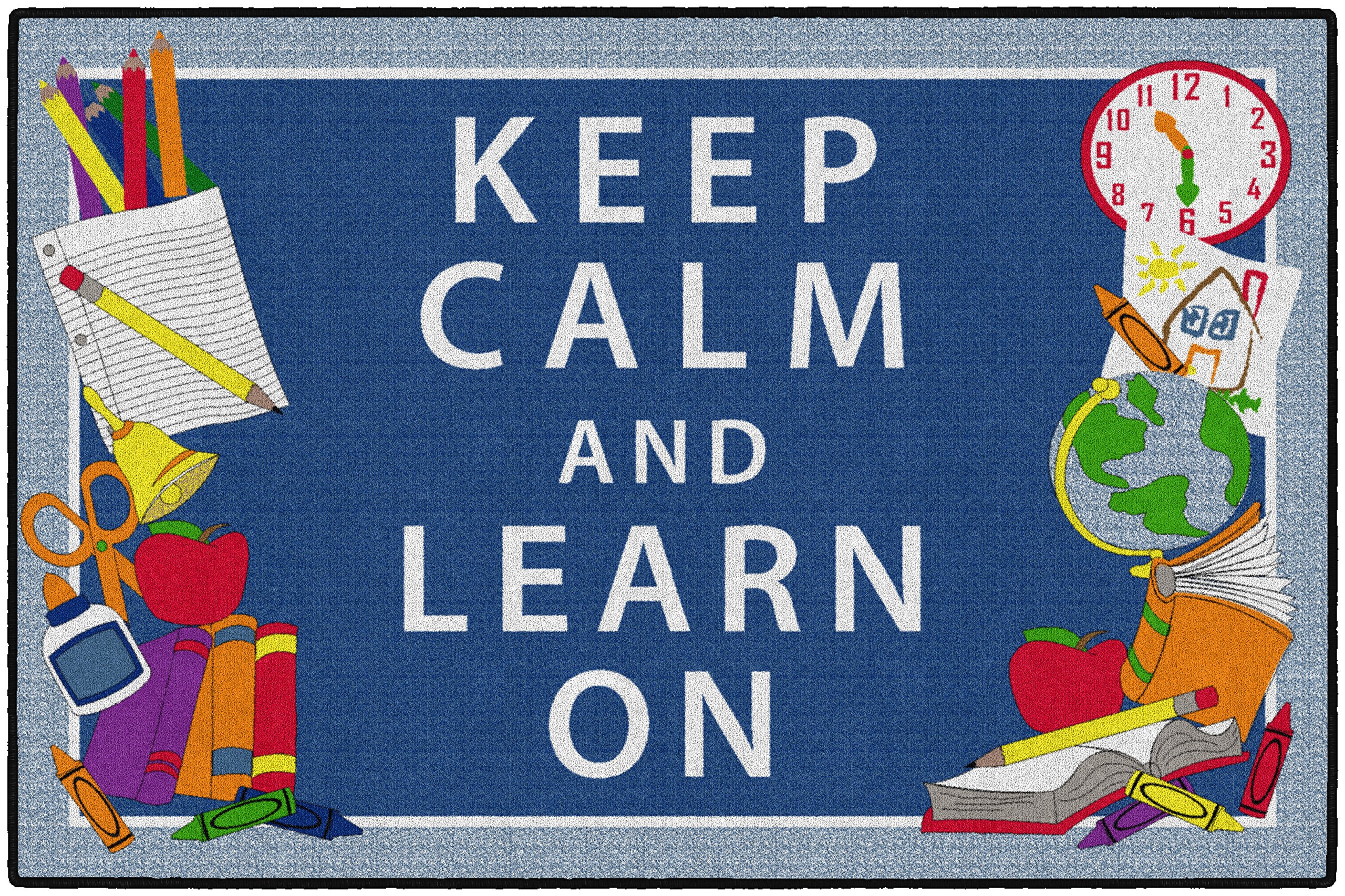 Flagship Carpets Keep Calm & Learn On Blue 4' x 6' Educational Area Rug for Kids - Perfect for Classroom, Bedroom, Playroom & Homeschooling Learning Spaces