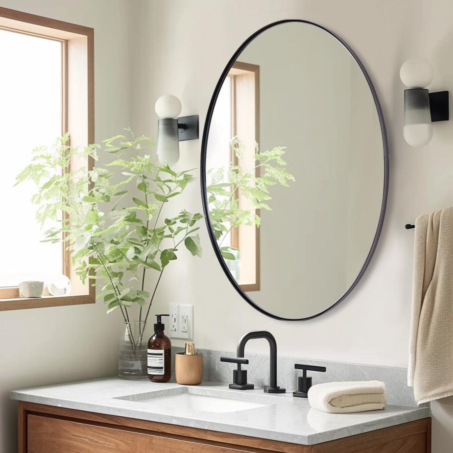 Modern Oval Bathroom Wall Mirrors - Stainless Steel Framed Vanity Mirror for Powder Room, Makeup & Shaving | Rust-Resistant, Shatterproof & Space-Saving Design