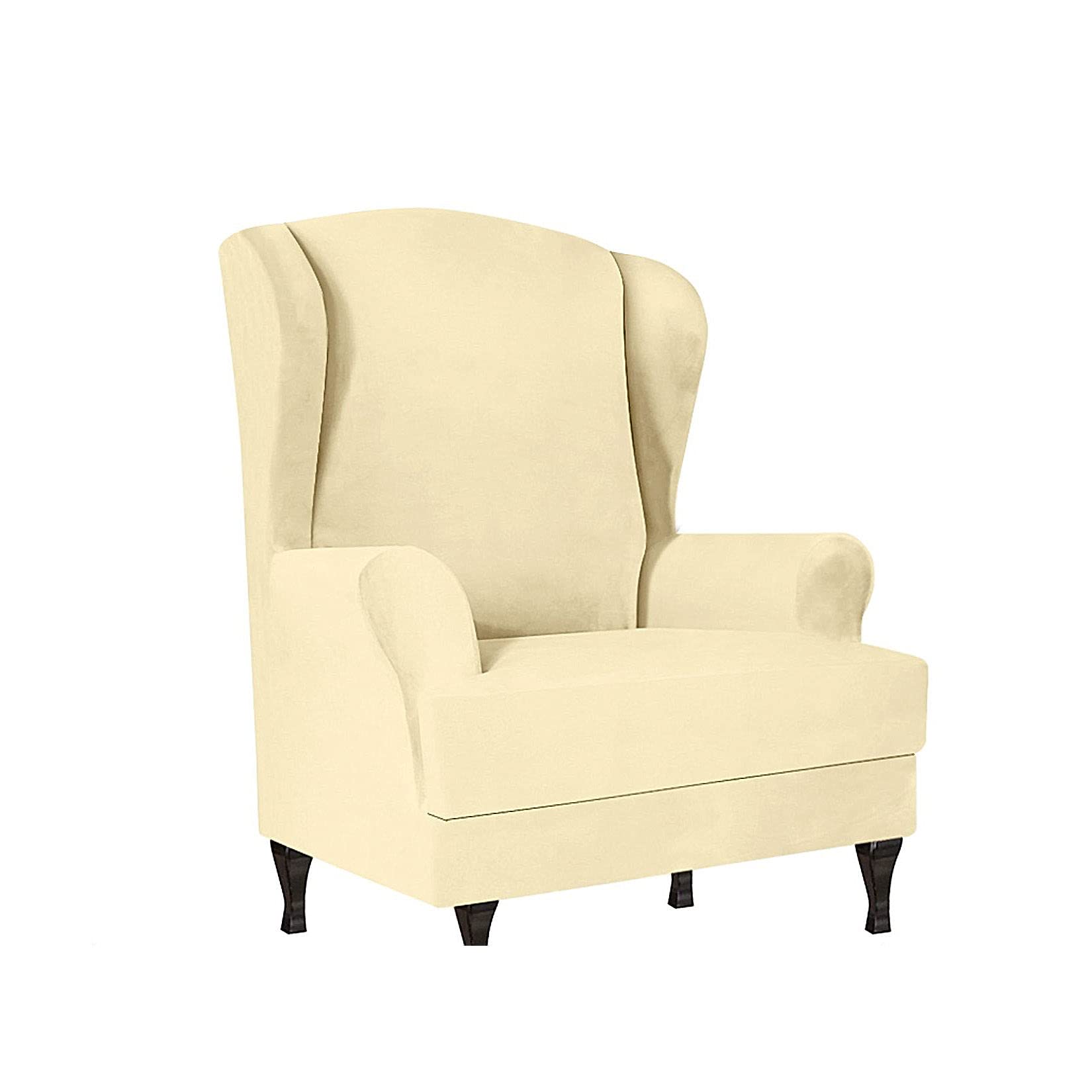Stretch Spandex Wingback Chair Slipcover - Soft Breathable Elastic Furniture Protector, Washable Wing Chair Cover in Off-White | Perfect for Living Room, Bedroom & Office Decor