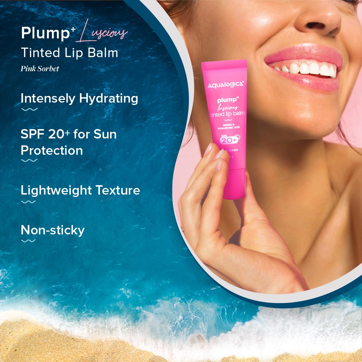 Aqualogica Pink Sorbet Plump+ Luscious Lightweight Tinted Lip Balm SPF 20 - Hydrating Lip Mask for Dry Lips, Lip Lightening Treatment for Women & Men - Perfect for Daily Moisture, Sun Protection & Natural Pink Lips (10g, 1 Count) | Great for Work, Travel & Night Care