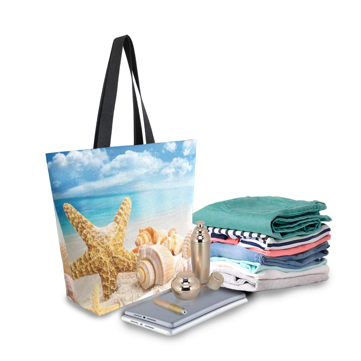 ALAZA Starfish Seashell Beach Canvas Tote Bag - Large Reusable Cotton Shoulder Purse for Women | Perfect for Summer Travel, Work, Shopping & Grocery Trips