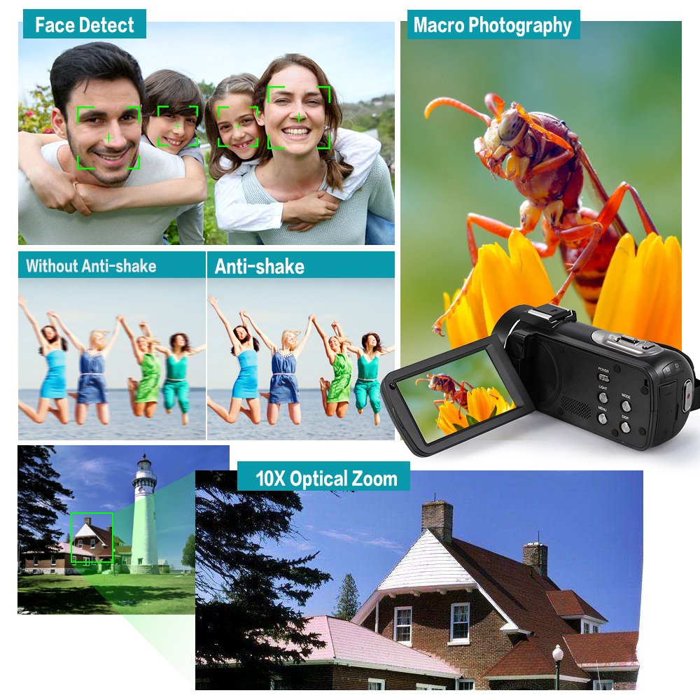 Andoer 1080P HD 24MP Digital Video Camera Camcorder with 0.39X Wide Angle Lens & Macro Lens, 3