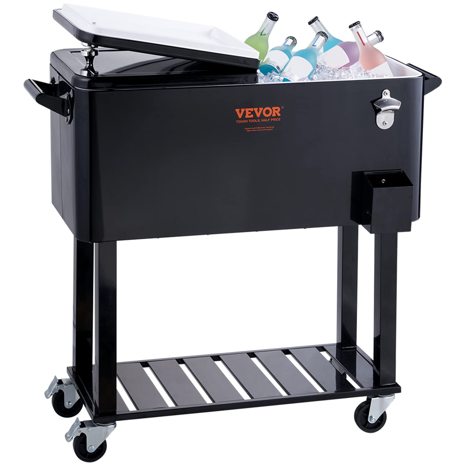 VEVOR 80 Quart Rolling Ice Chest Cooler Cart with Wheels - Portable Drink Cooler for Beverages, Beer & Wine - Outdoor Bar Cooler with Bottle Opener & Handles - Perfect for Patio, Backyard, BBQ, Pool Party & Tailgating - Black