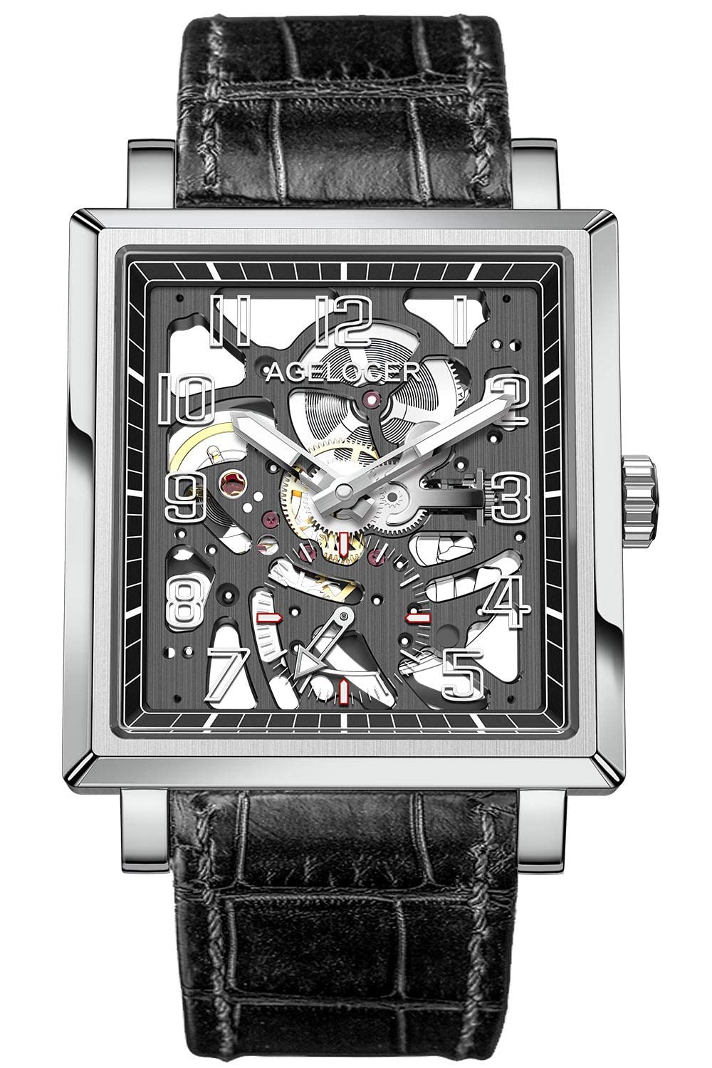 Agelocer Men's Skeleton Mechanical Watch - Square Analog Luminous Wristwatch with Second Dial - Perfect for Business, Formal Events & Luxury Gift Giving