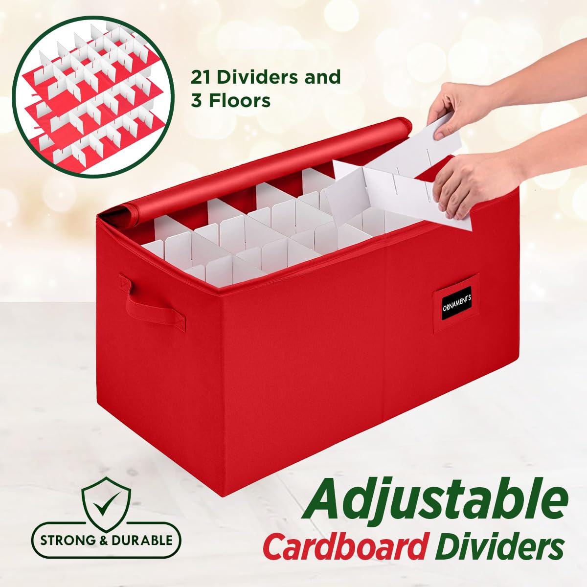 Christmas Ornament Storage Box - Heavy Duty 600D with Dividers for Holiday Decor Protection (Red) - Perfect for Seasonal Decor Organization