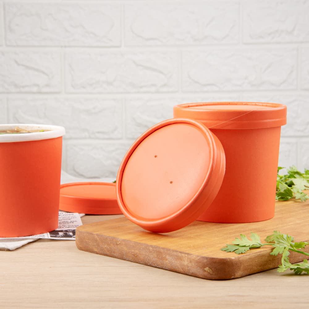 Restaurantware Bio Tek Vented Lids - 25 Pack for 8/12 oz Soup Containers | Microwave Safe Orange Paper Lids for Hot & Cold Foods | Perfect for Takeout, Catering, and Food Delivery Services