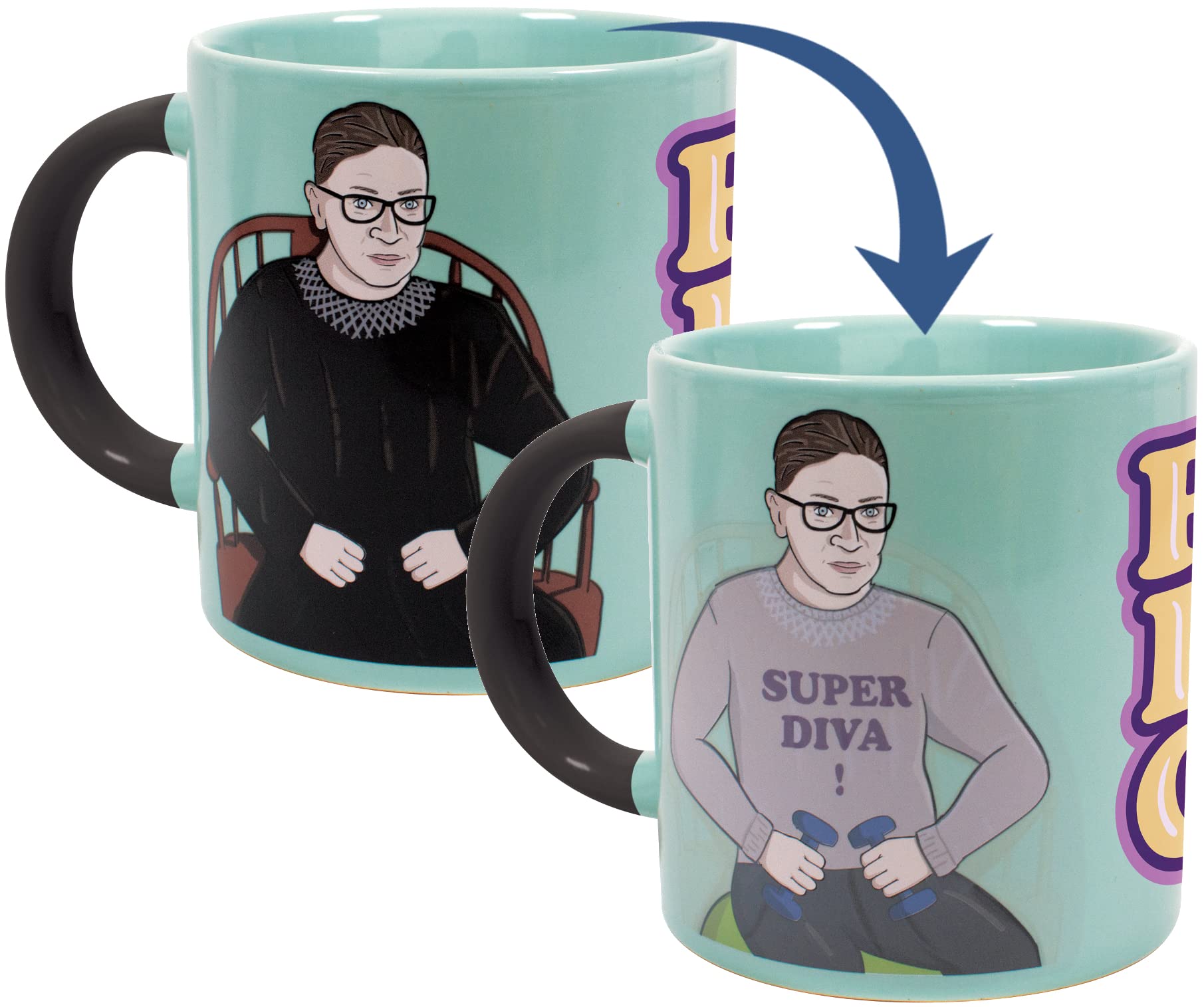 Ruth Bader Ginsburg Heat Changing Mug - RBG Transformation Coffee Cup (Changes from Judicial Robes to Workout Gear) - Perfect Gift for Supreme Court Fans & Coffee Lovers - Office, Home & Lawyer Gifts